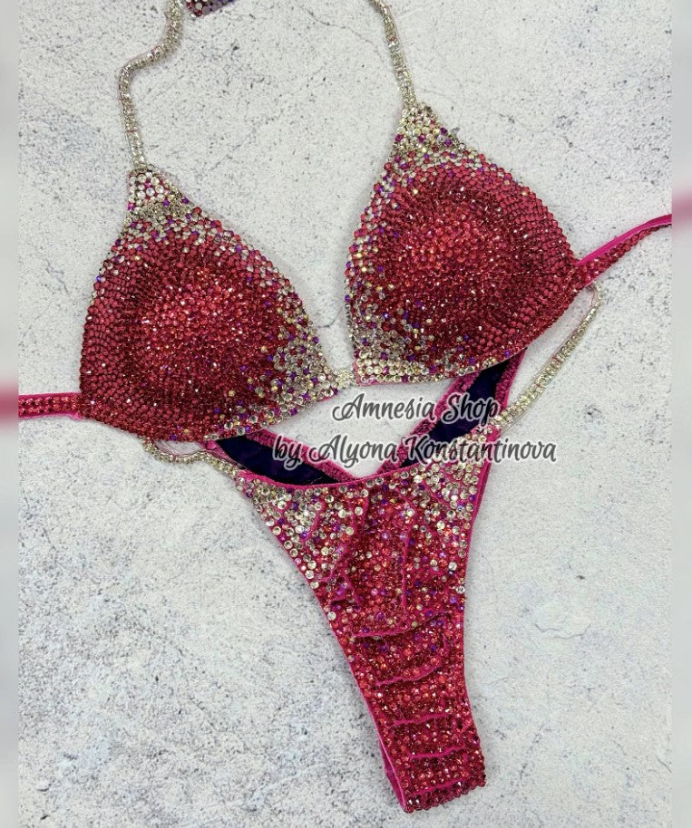 Pink White Competition Bikini Set - NPC Bikini Suit - IFBB - Figure Competition Suit - Posing Suit - Swarovski Bodybuilding - Wellness Bikini