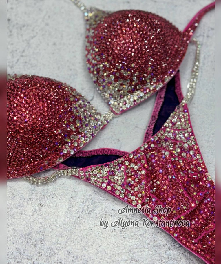Pink White Competition Bikini Set - NPC Bikini Suit - IFBB - Figure Competition Suit - Posing Suit - Swarovski Bodybuilding - Wellness Bikini