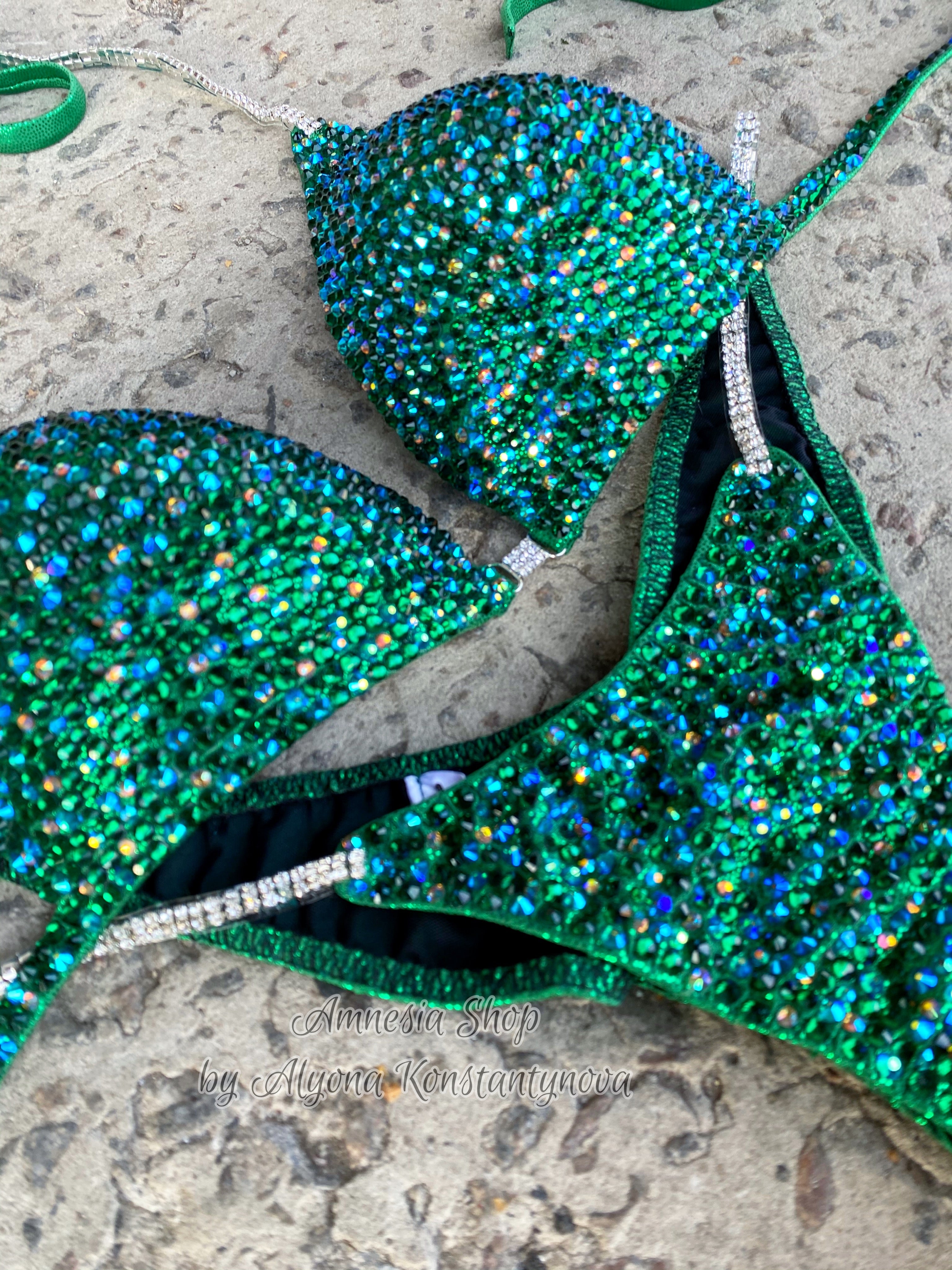 Green Competition Bikini Set - Rhinestone Fitness - NPC - IFBB - WBFF - Wellness - Figure Competition Suit - Posing Suit - Swarovski Bodybuilding
