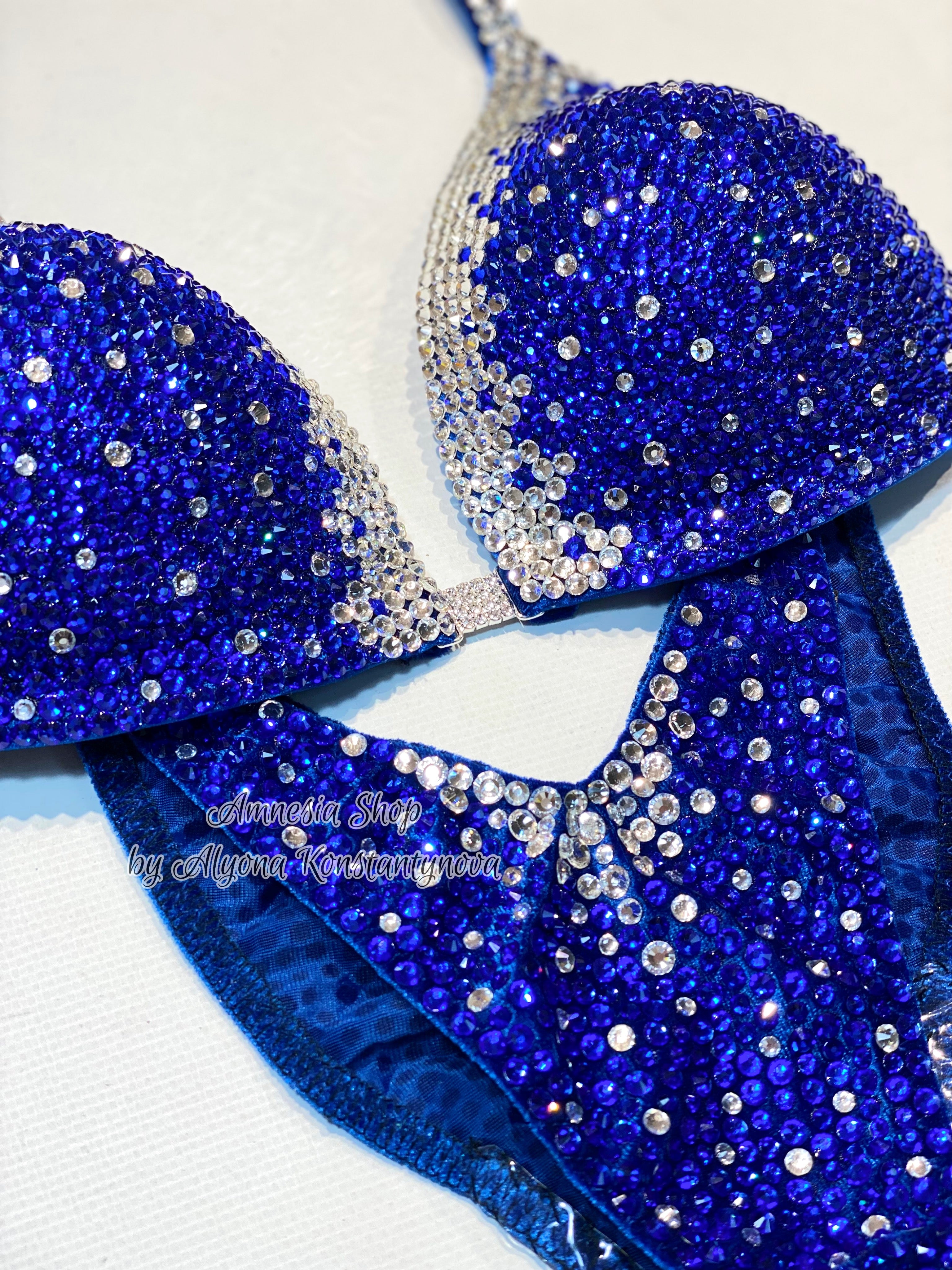 Blue-Silver Finess Bikini - Competition Bikini Set - Figure Fitness - NPC - Velvet Figure Competition Suit - Posing Suit - Wellness Bikini