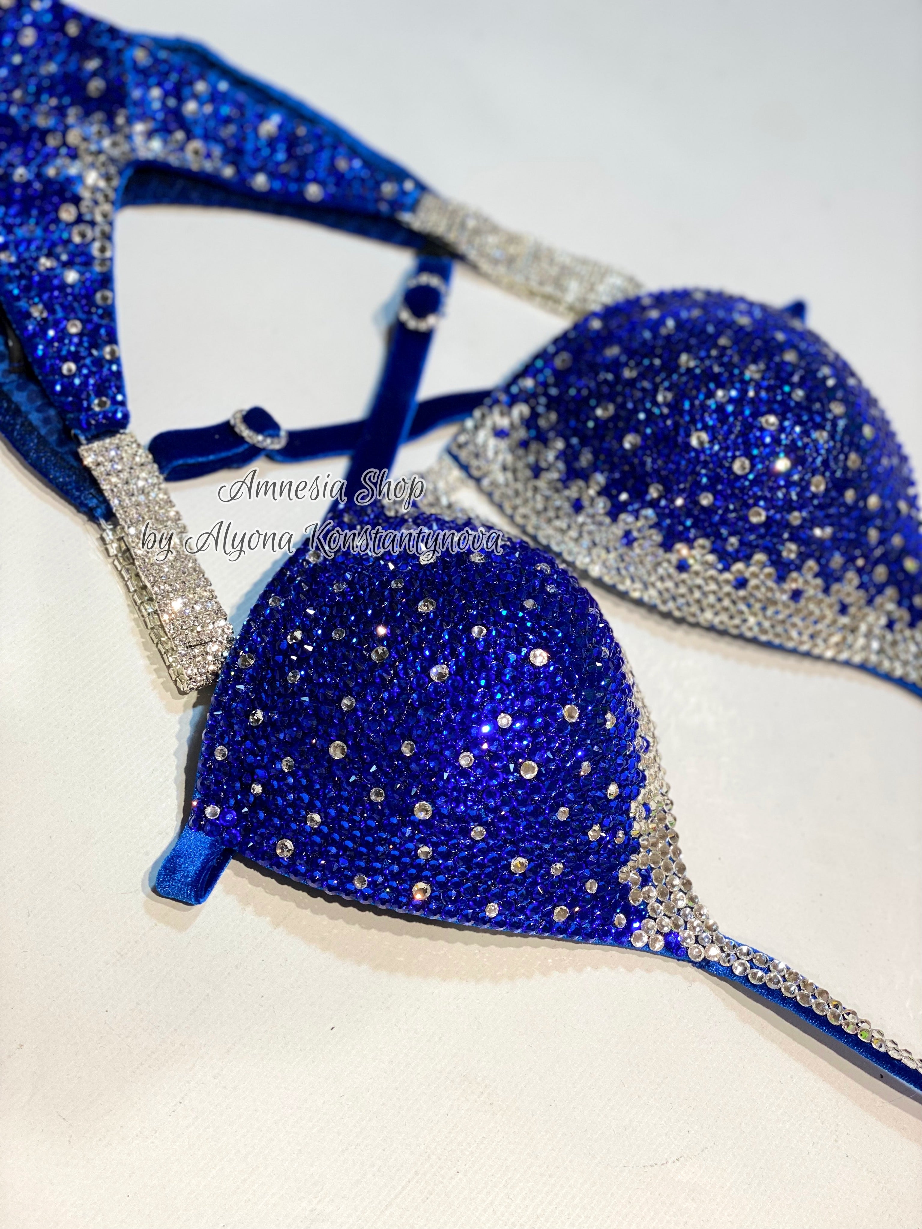 Blue Finess Bikini - Competition Bikini Set - Figure Fitness - NPC - Velvet Figure Competition Suit - Posing Suit - Wellness Bikini