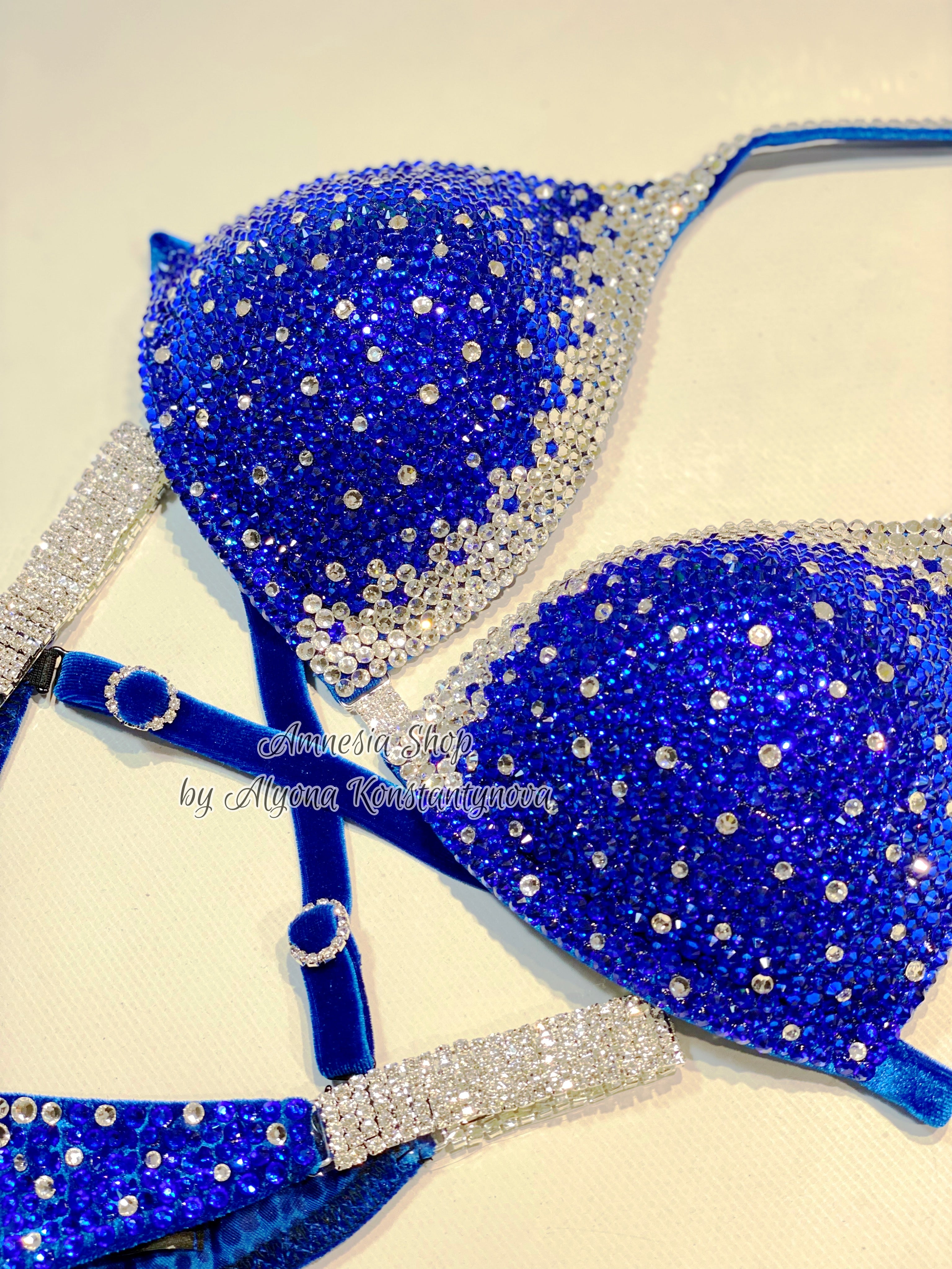 Blue Finess Bikini - Competition Bikini Set - Figure Fitness - NPC - Velvet Figure Competition Suit - Posing Suit - Wellness Bikini