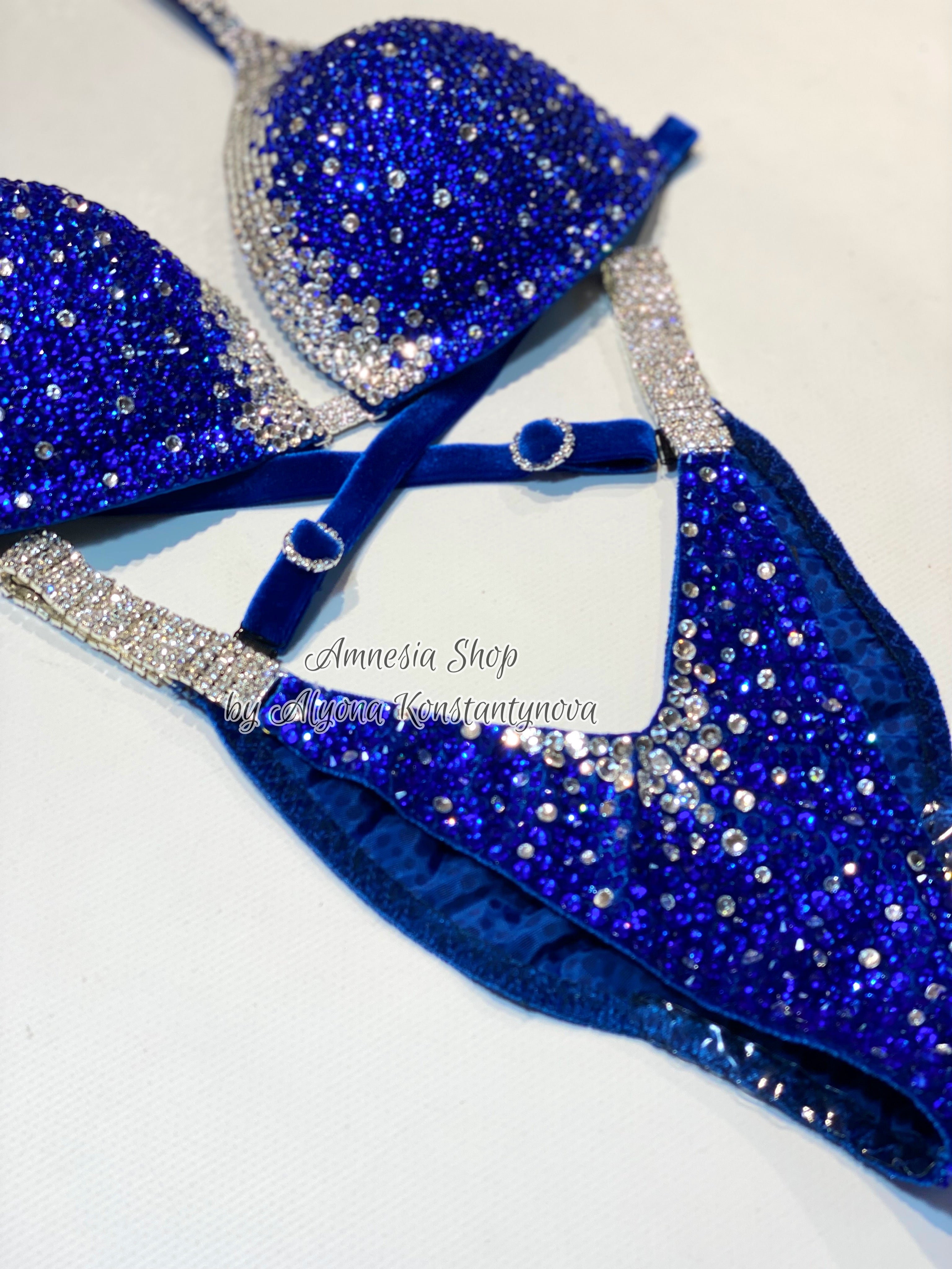 Blue Finess Bikini - Competition Bikini Set - Figure Fitness - NPC - Velvet Figure Competition Suit - Posing Suit - Wellness Bikini
