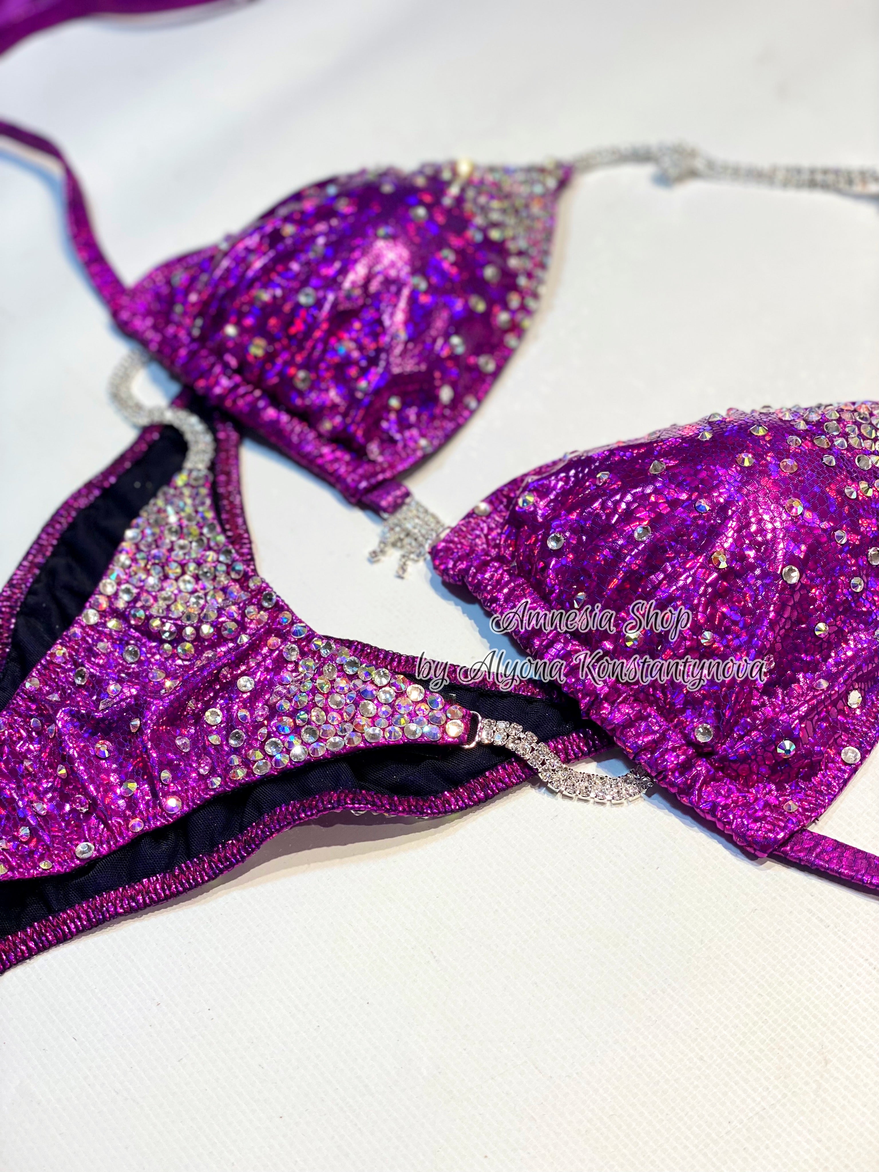Pink Silver Fitness Bikini - Competition Bikini Set - Figure Fitness - NPC - IFBB - Velvet Figure Competition Suit - Posing Suit - Wellness Bikini