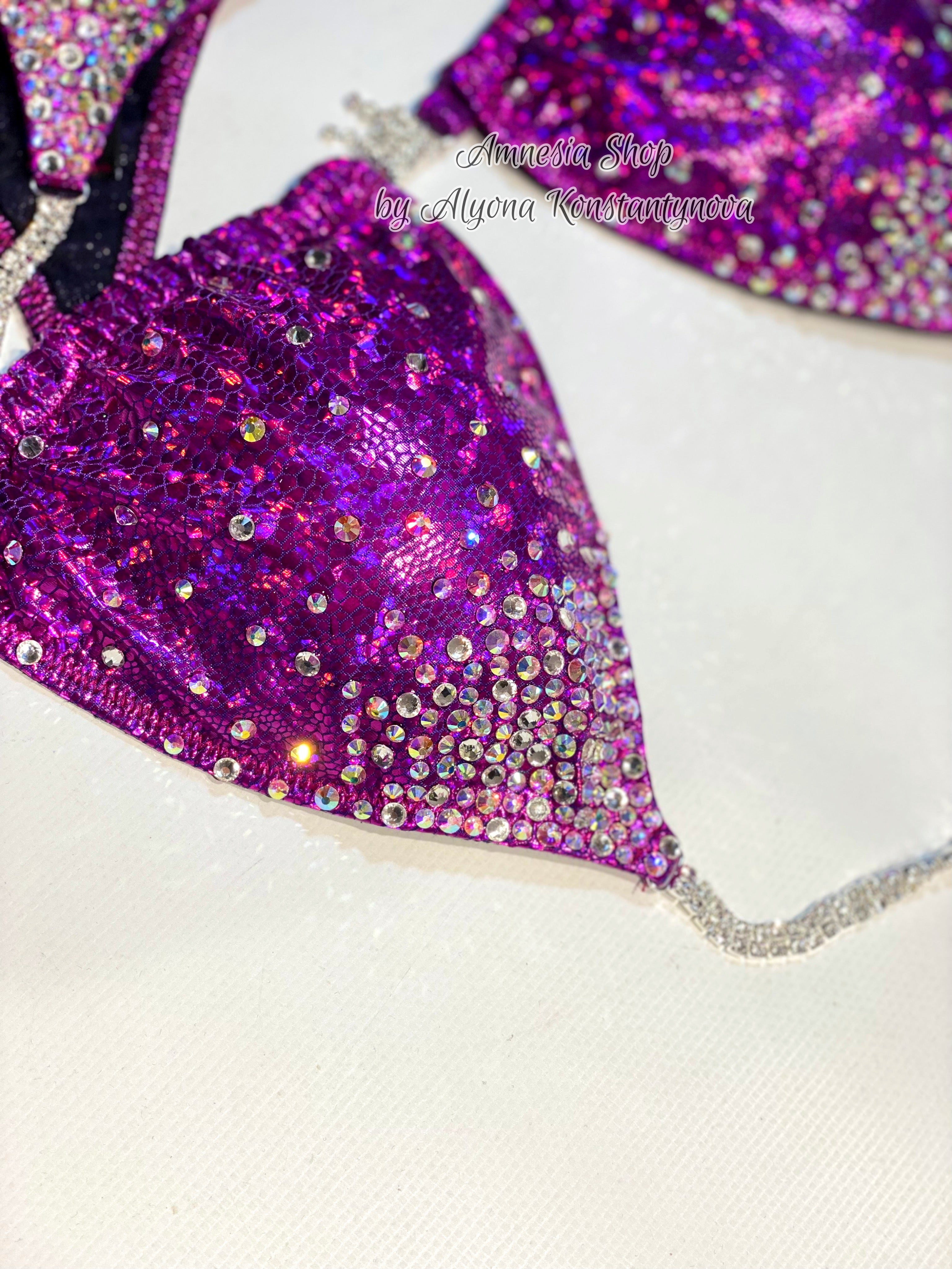 Pink Silver Fitness Bikini - Competition Bikini Set - Figure Fitness - NPC - IFBB - Velvet Figure Competition Suit - Posing Suit - Wellness Bikini