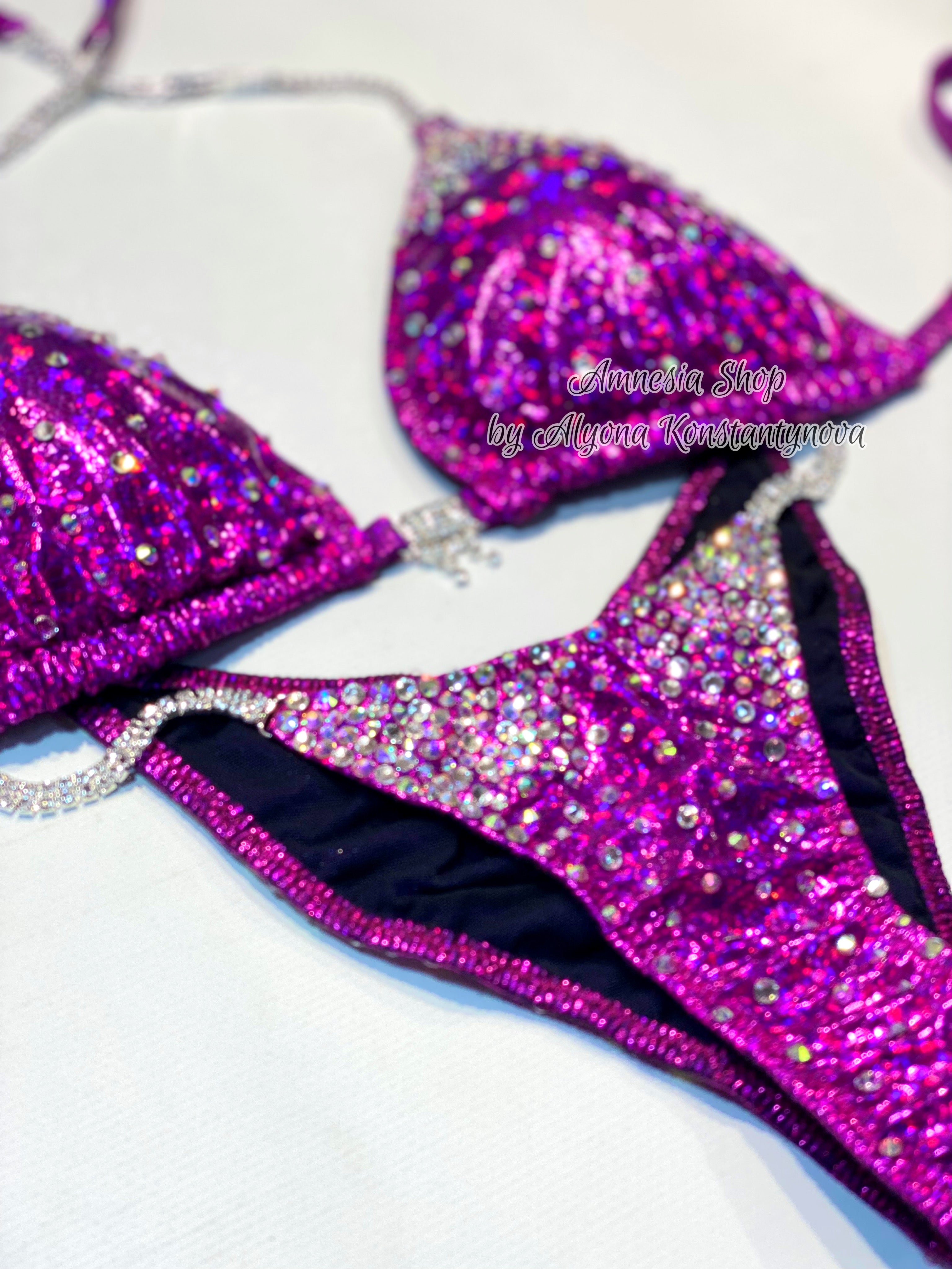 Pink Silver Fitness Bikini - Competition Bikini Set - Figure Fitness - NPC - IFBB - Velvet Figure Competition Suit - Posing Suit - Wellness Bikini