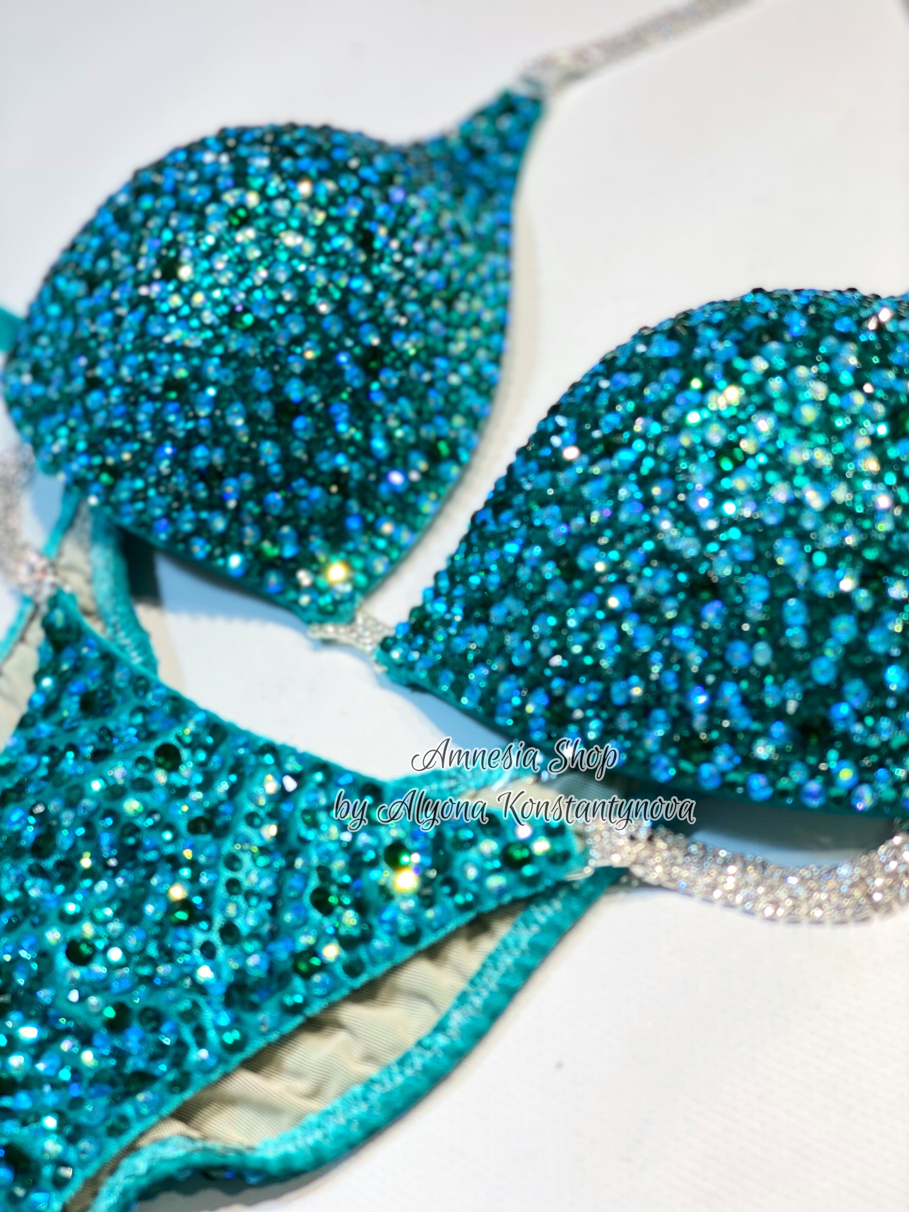 Competition Set - Rhinestone Fitness - NPC - IFBB - WBFF - Figure Competition Suit - Posing Suit - Sw Bodybuilding - Turquoise bikini