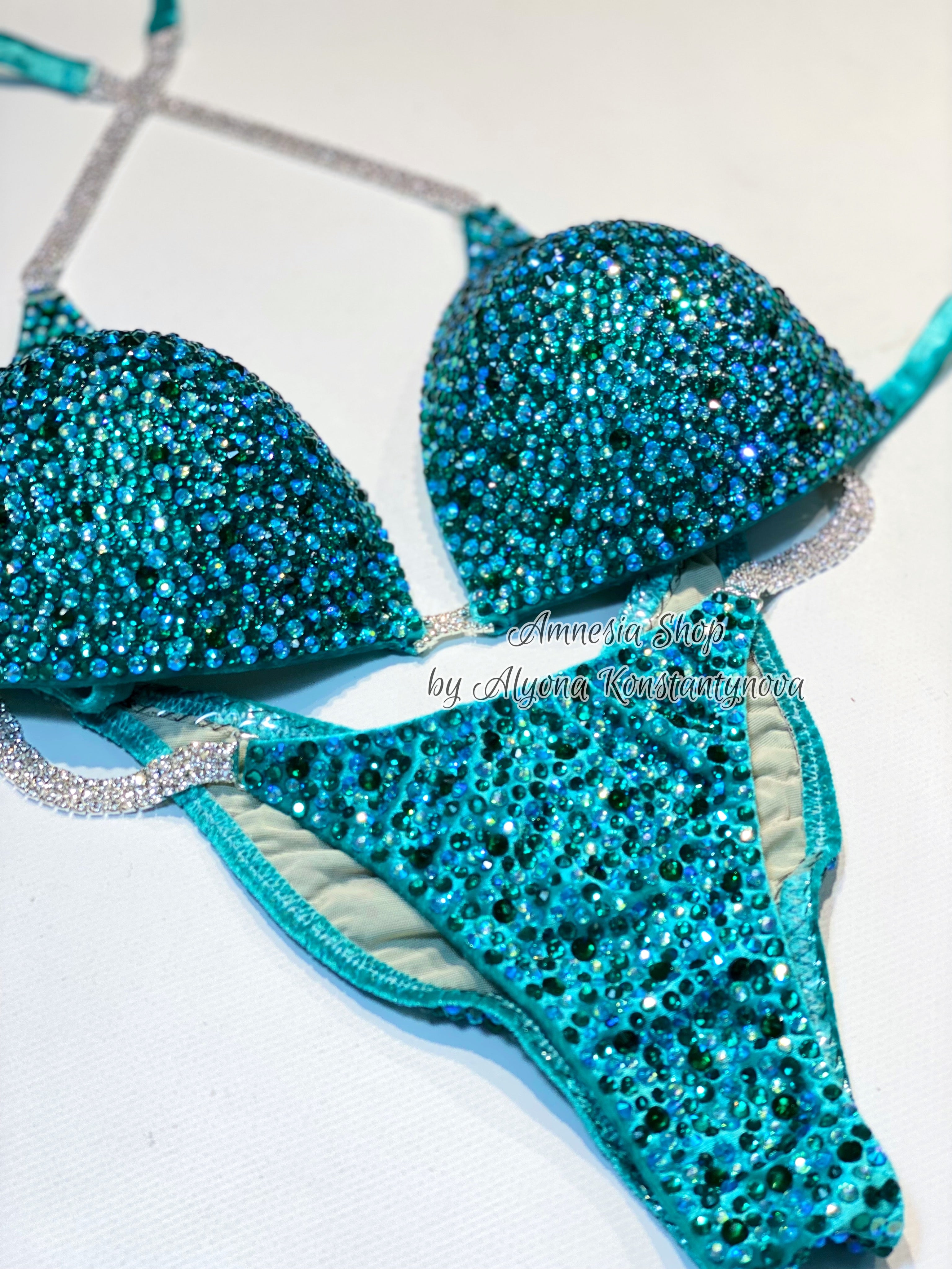 Competition Set - Rhinestone Fitness - NPC - IFBB - WBFF - Figure Competition Suit - Posing Suit - Sw Bodybuilding - Turquoise bikini