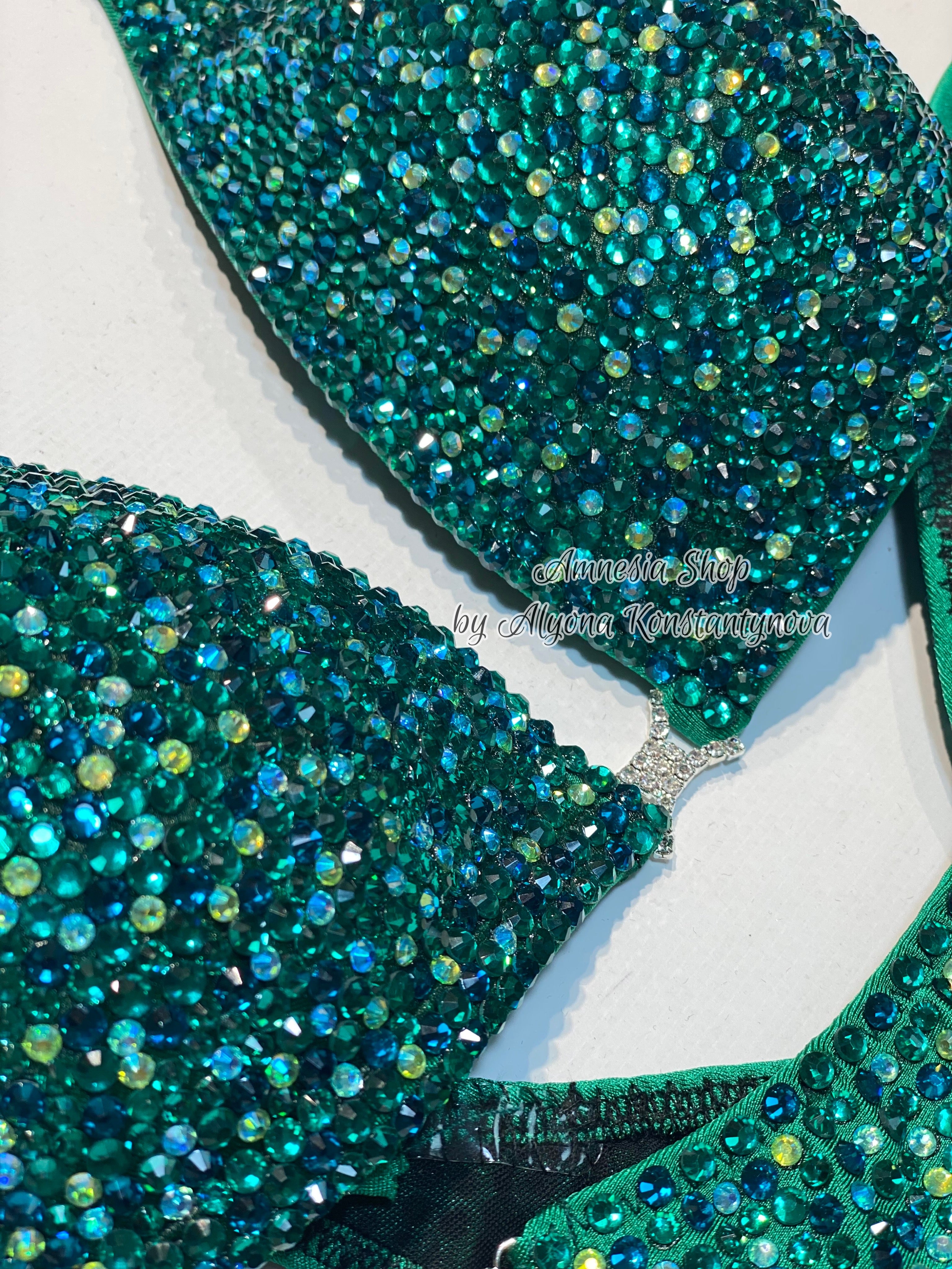 Green Competition Bikini Set - Rhinestone Fitness - NPC bikini suit - IFBB - Figure Competition Suit - Posing Suit - Swarovski Bodybuilding