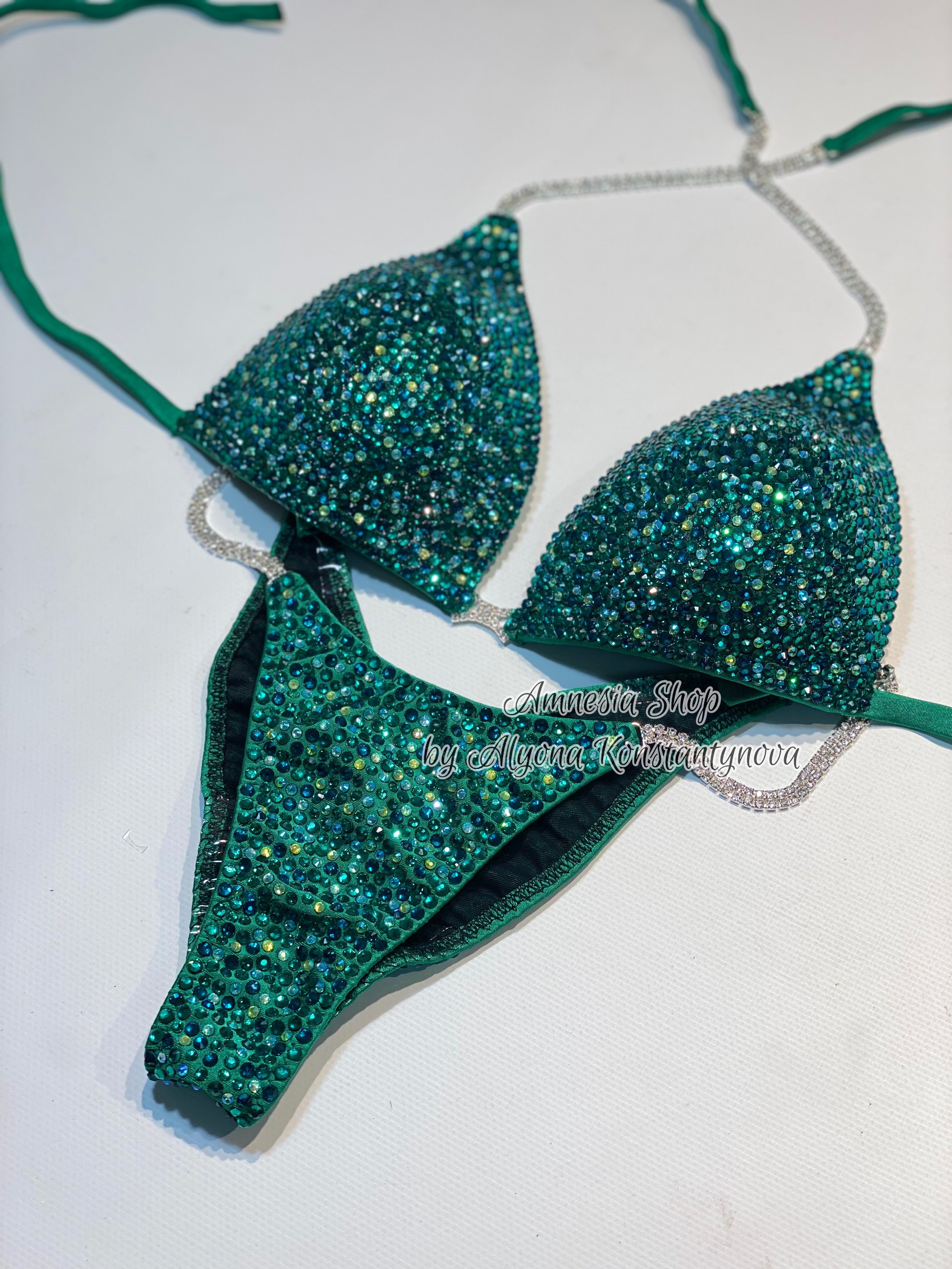 Green Competition Bikini Set - Rhinestone Fitness - NPC bikini suit - IFBB - Figure Competition Suit - Posing Suit - Swarovski Bodybuilding