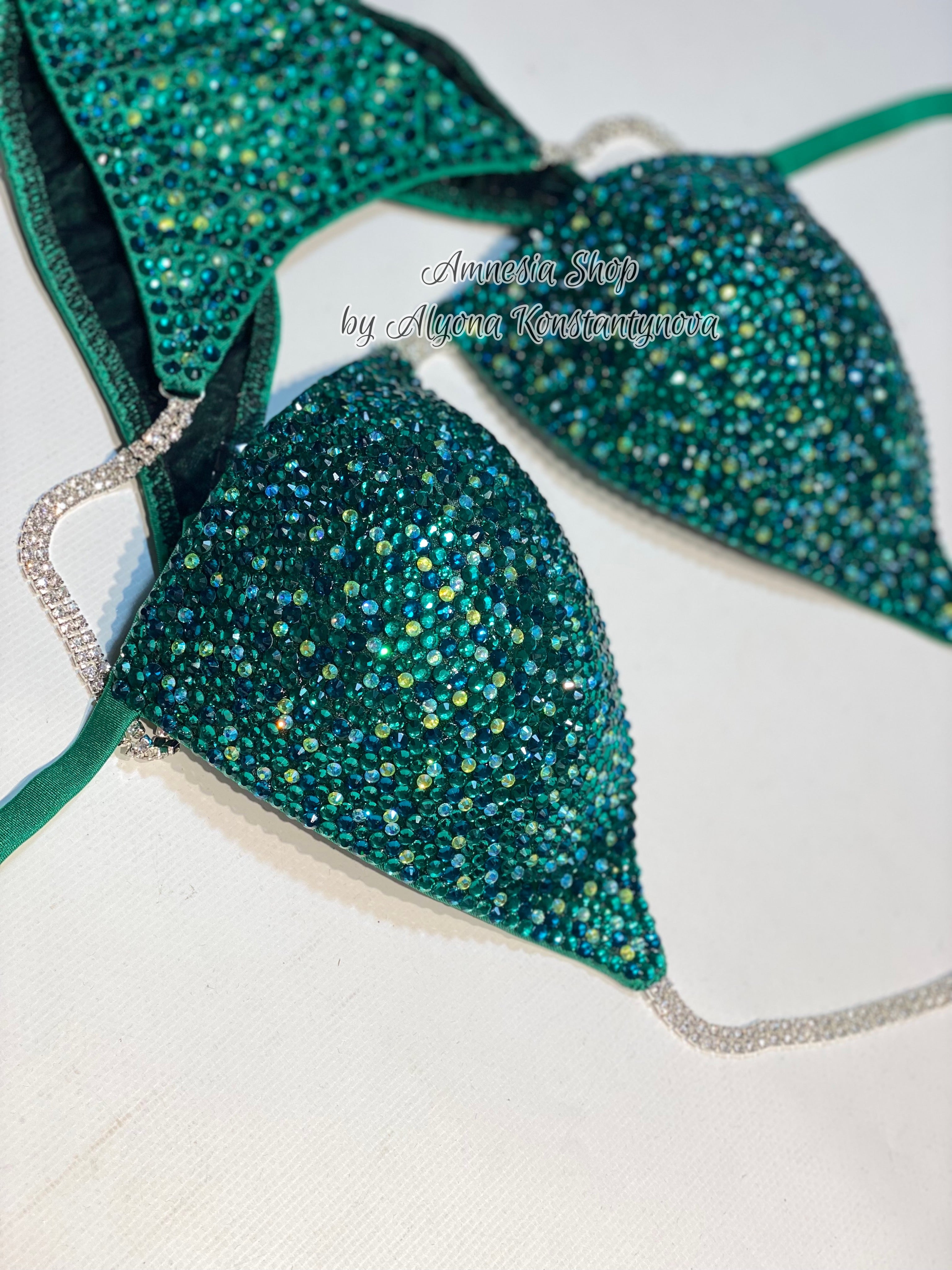 Green Competition Bikini Set - Rhinestone Fitness - NPC bikini suit - IFBB - Figure Competition Suit - Posing Suit - Swarovski Bodybuilding