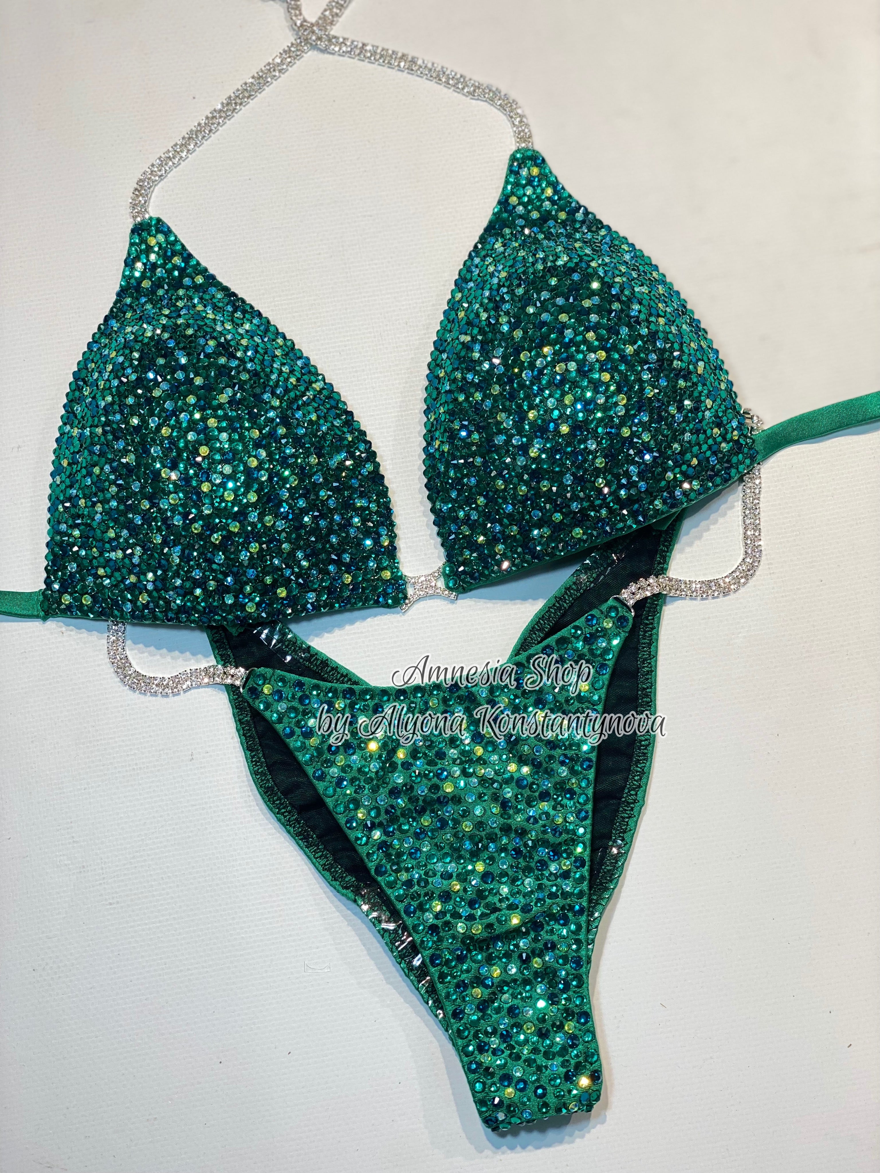 Green Competition Bikini Set - Rhinestone Fitness - NPC bikini suit - IFBB - Figure Competition Suit - Posing Suit - Swarovski Bodybuilding