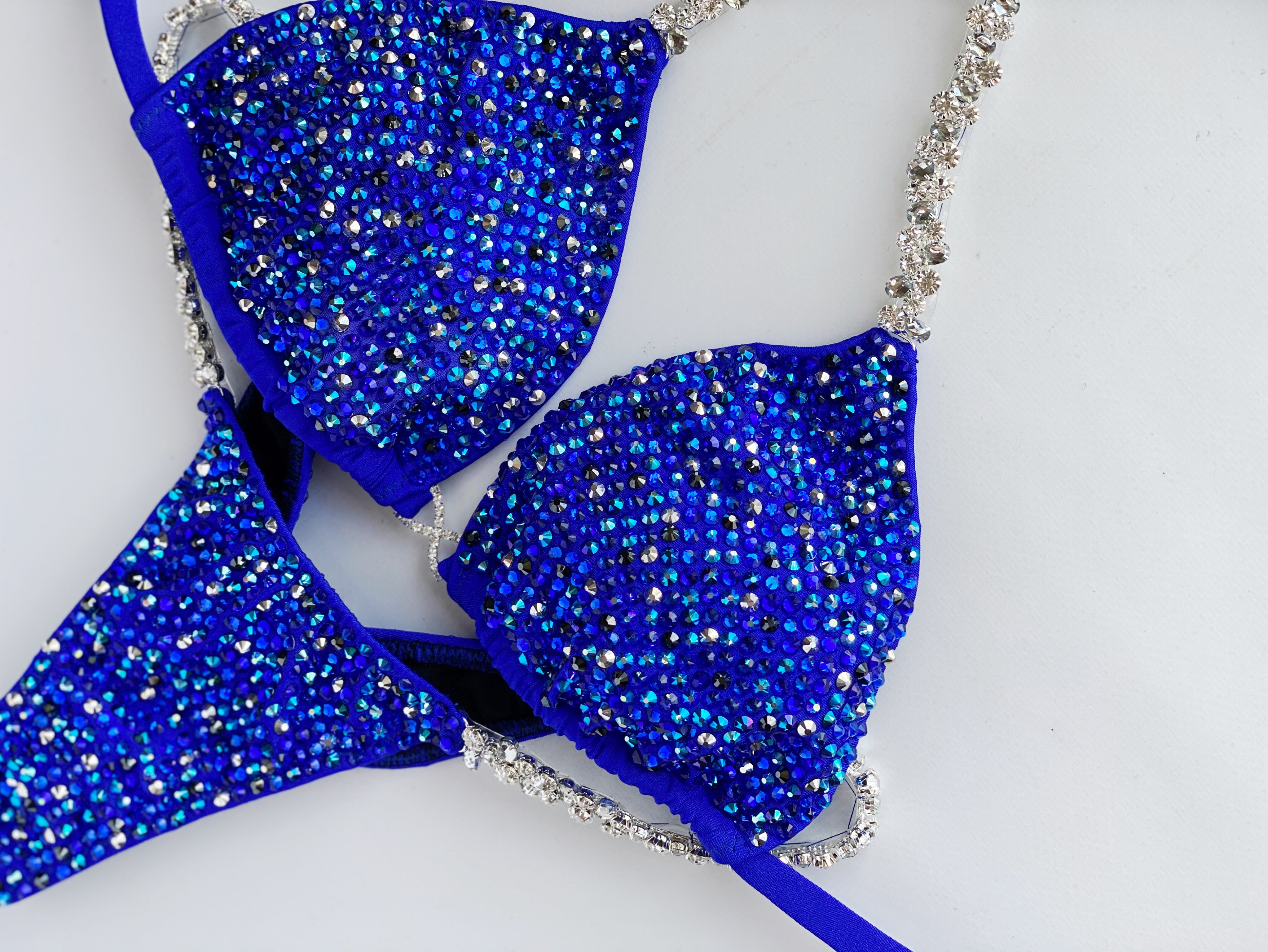 Blue Competition Bikini Set - Rhinestone Fitness - NPC Bikini Suit - IFBB - Figure Competition Suit - Posing Suit - Wellness Bikini