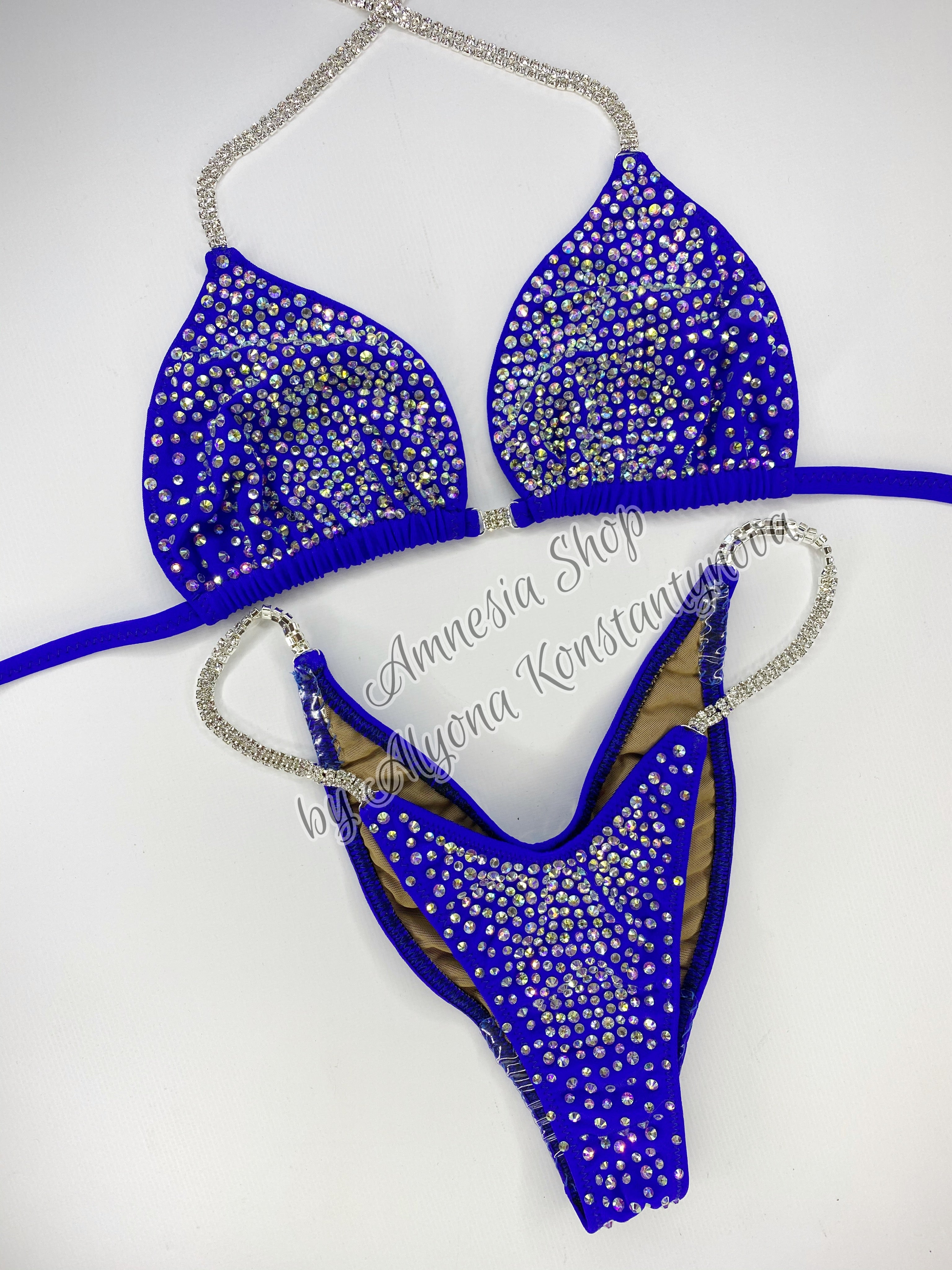Blue Silver Competition Bikini Set - Rhinestone Fitness - NPC Bikini Suit - IFBB - Figure Competition Suit - Posing Suit - Wellness Bikini