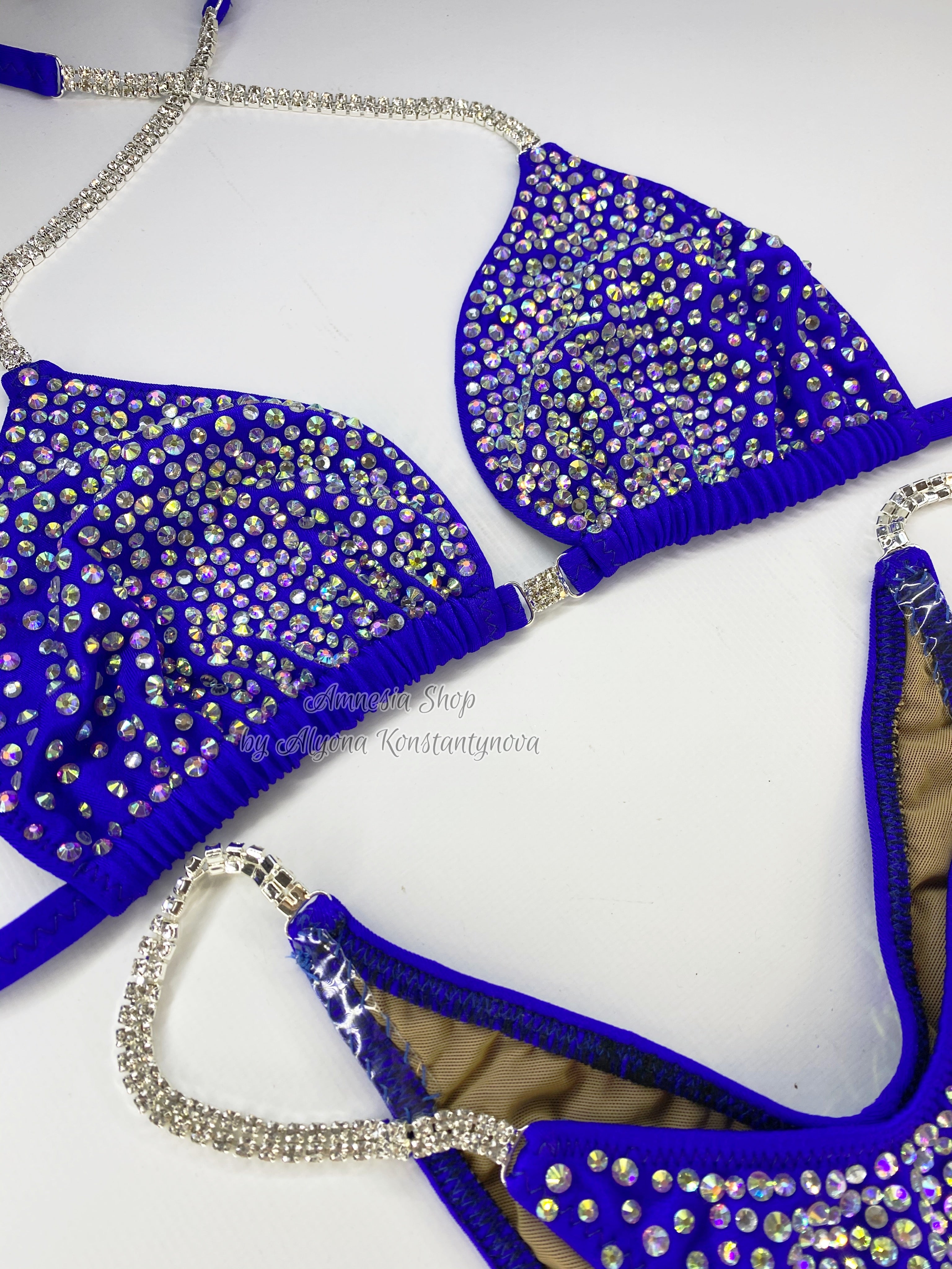 Blue Silver Competition Bikini Set - Rhinestone Fitness - NPC Bikini Suit - IFBB - Figure Competition Suit - Posing Suit - Wellness Bikini