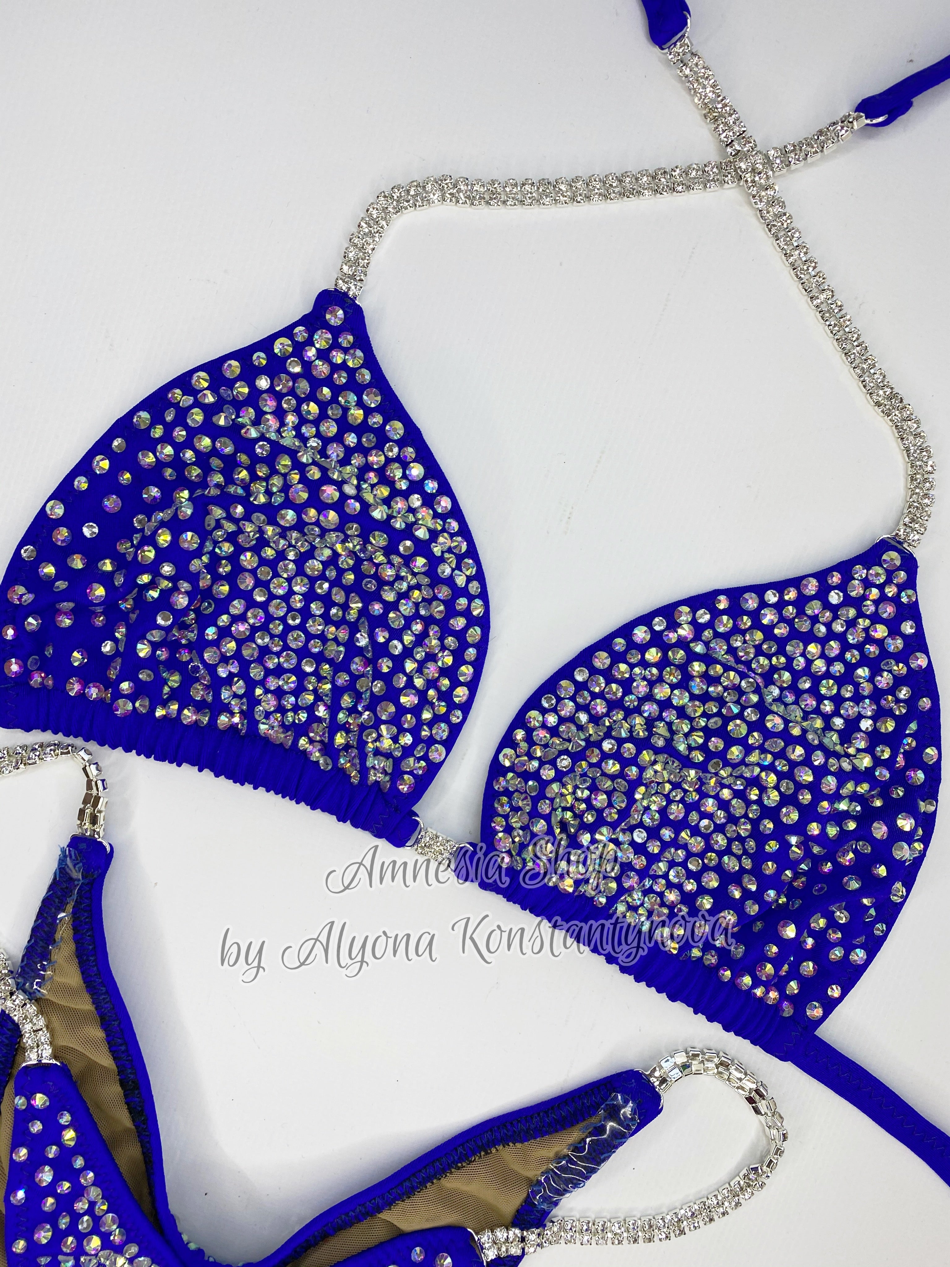 Blue Silver Competition Bikini Set - Rhinestone Fitness - NPC Bikini Suit - IFBB - Figure Competition Suit - Posing Suit - Wellness Bikini