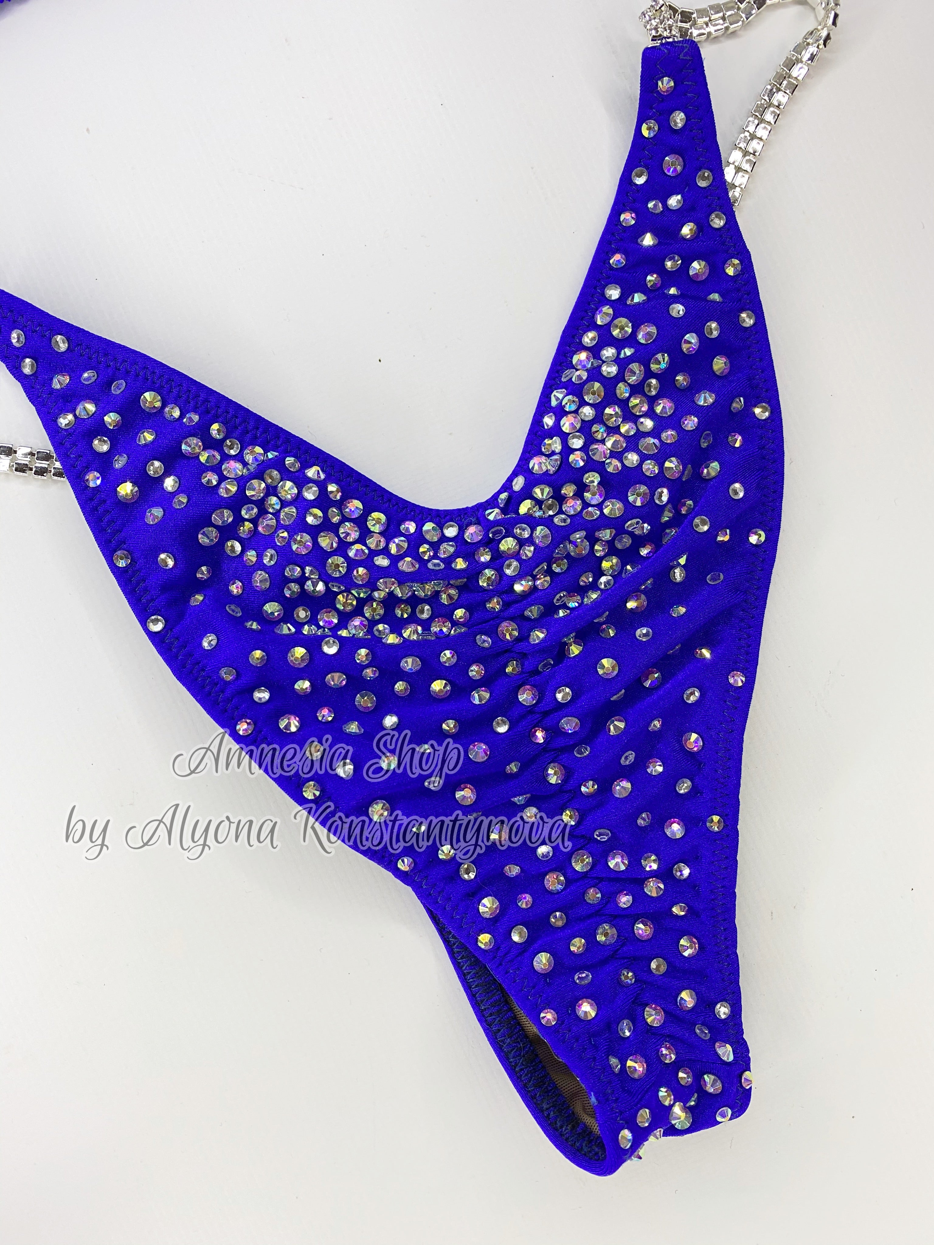 Blue Silver Competition Bikini Set - Rhinestone Fitness - NPC Bikini Suit - IFBB - Figure Competition Suit - Posing Suit - Wellness Bikini