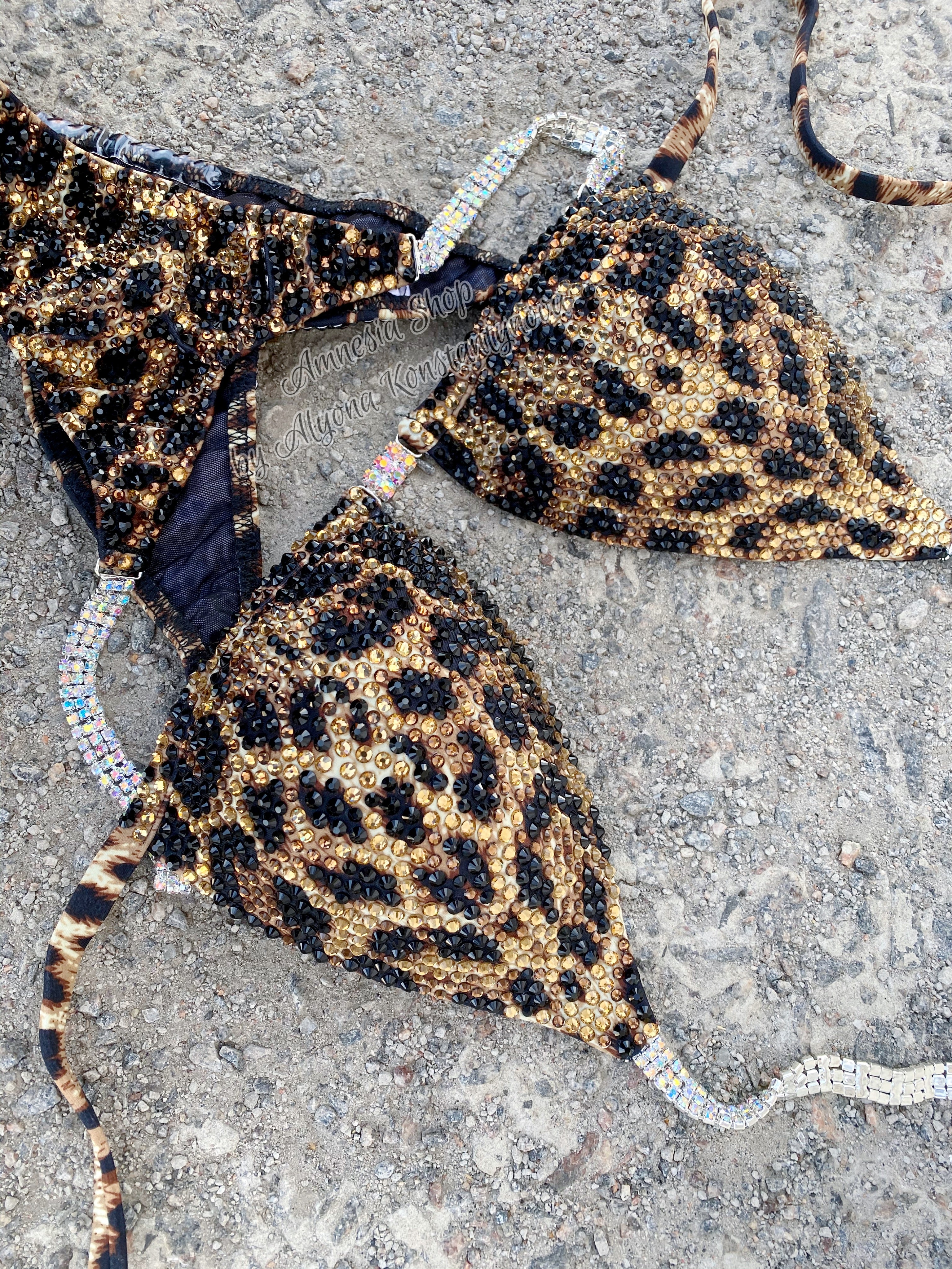 Leopard Competition Bikini - Rhinestone Fitness - Bikini Suit - IFBB - Figure Competition Suit - Posing Suit - Swarovski Bodybuilding