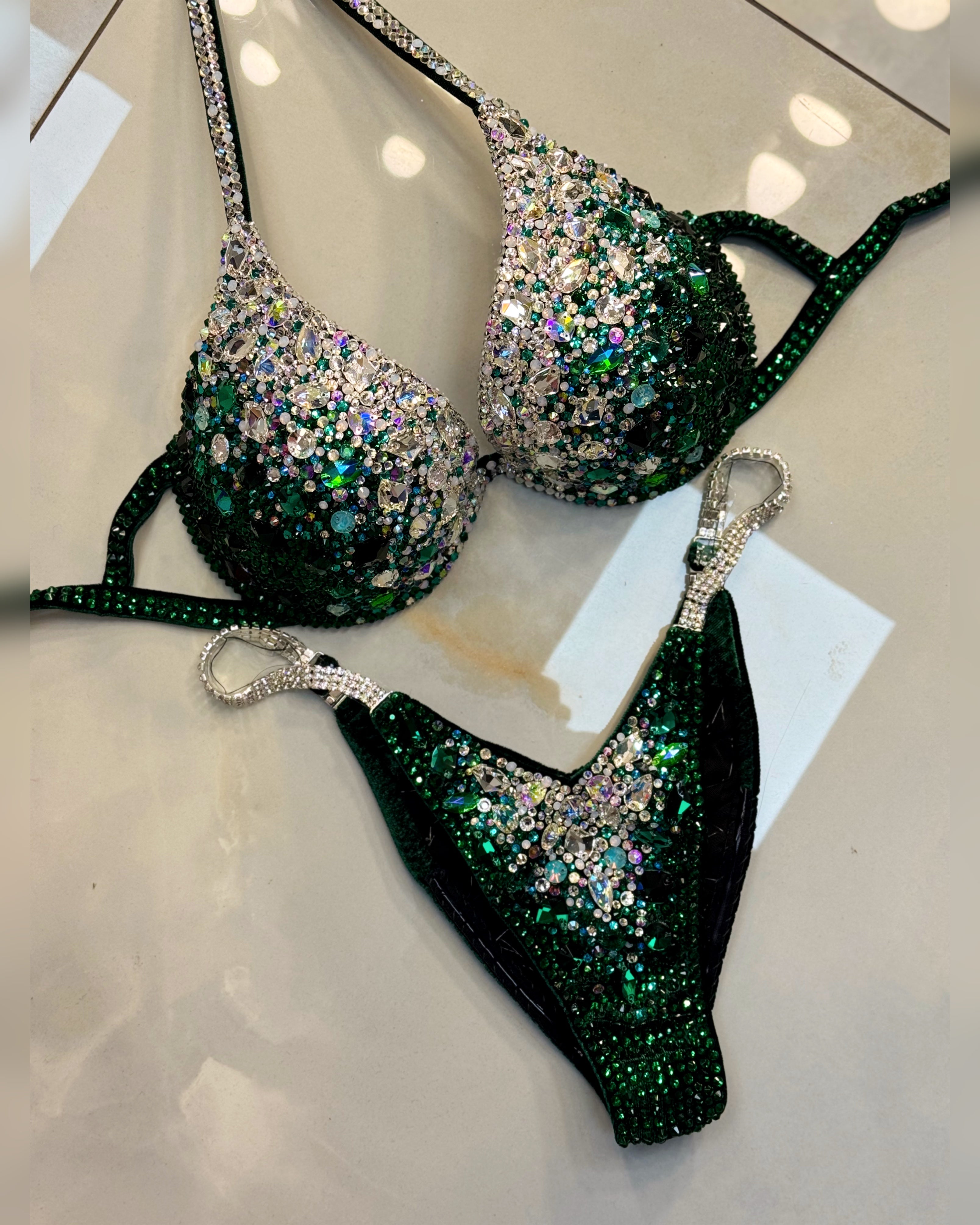 Green Bikini Set - Rhinestone Fitness - NPC - IFBB - WBFF - Wellness - Figure Competition Suit - Posing Suit - Swarovski Bodybuilding