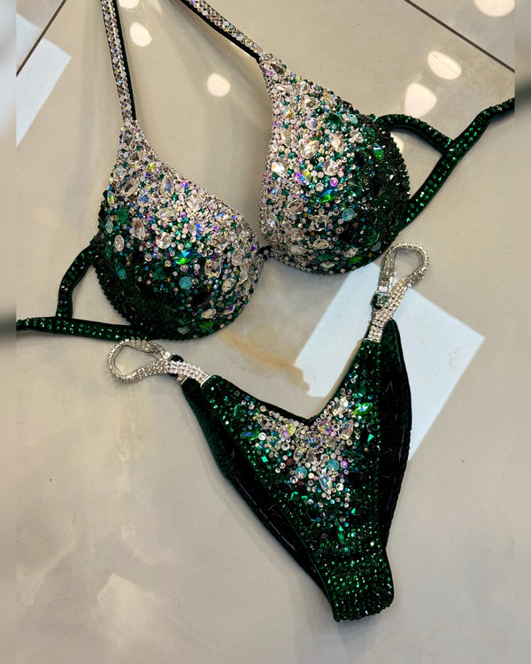 Green Bikini Set - Rhinestone Fitness - NPC - IFBB - WBFF - Wellness - Figure Competition Suit - Posing Suit - Swarovski Bodybuilding
