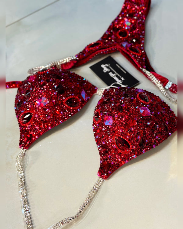 Red Bikini Set - Rhinestone Fitness - NPC - IFBB - WBFF - Wellness - Figure Competition Suit - Posing Suit - Swarovski Bodybuilding
