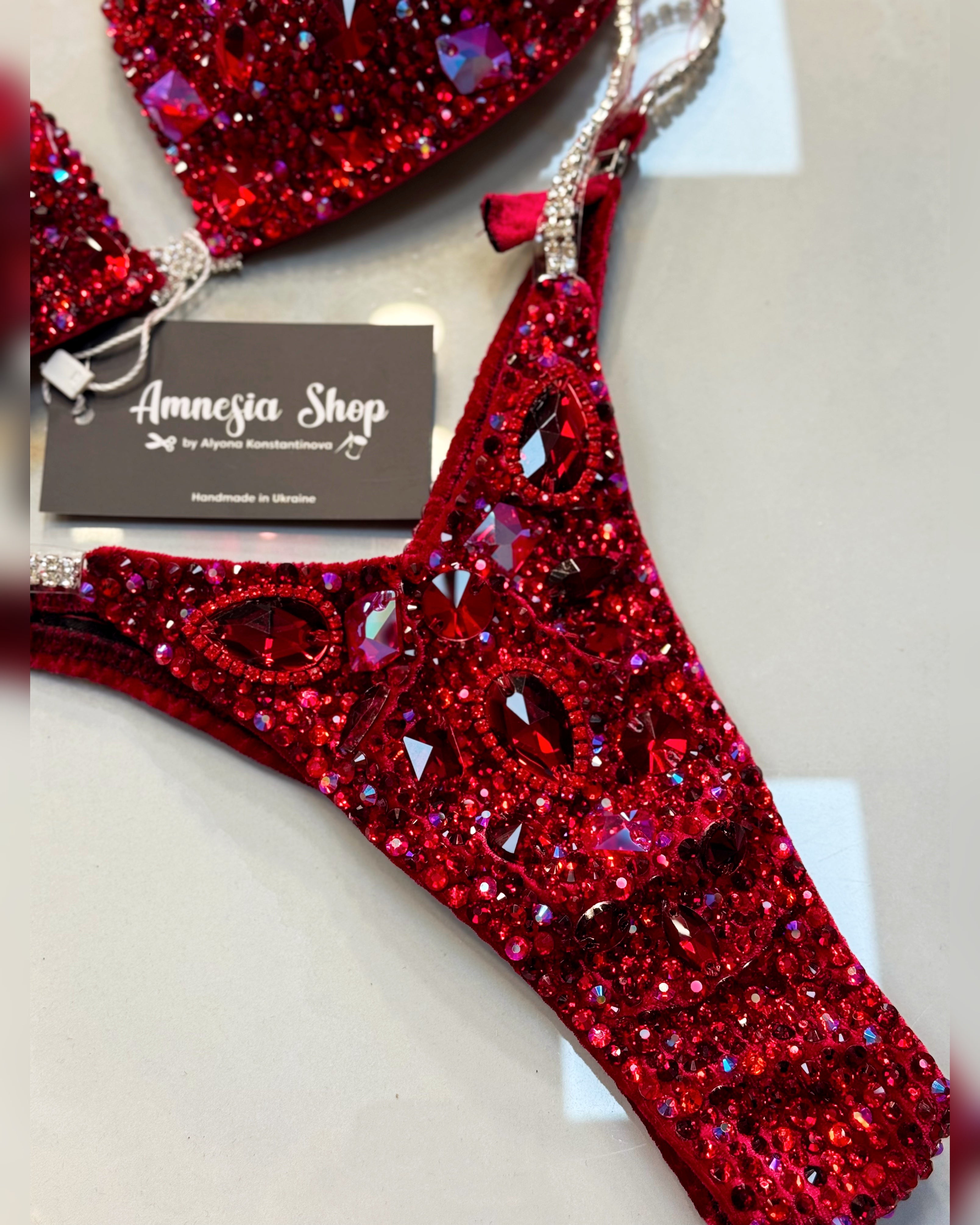Red Bikini Set - Rhinestone Fitness - NPC - IFBB - WBFF - Wellness - Figure Competition Suit - Posing Suit - Swarovski Bodybuilding