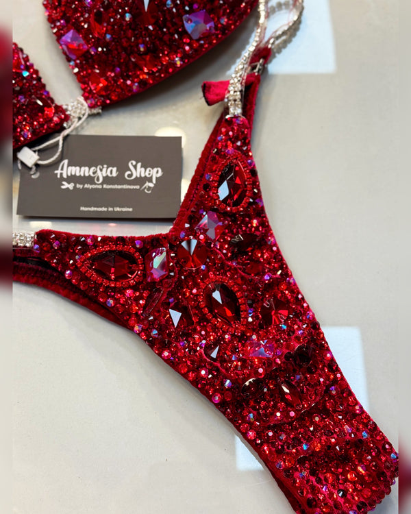 Red Bikini Set - Rhinestone Fitness - NPC - IFBB - WBFF - Wellness - Figure Competition Suit - Posing Suit - Swarovski Bodybuilding