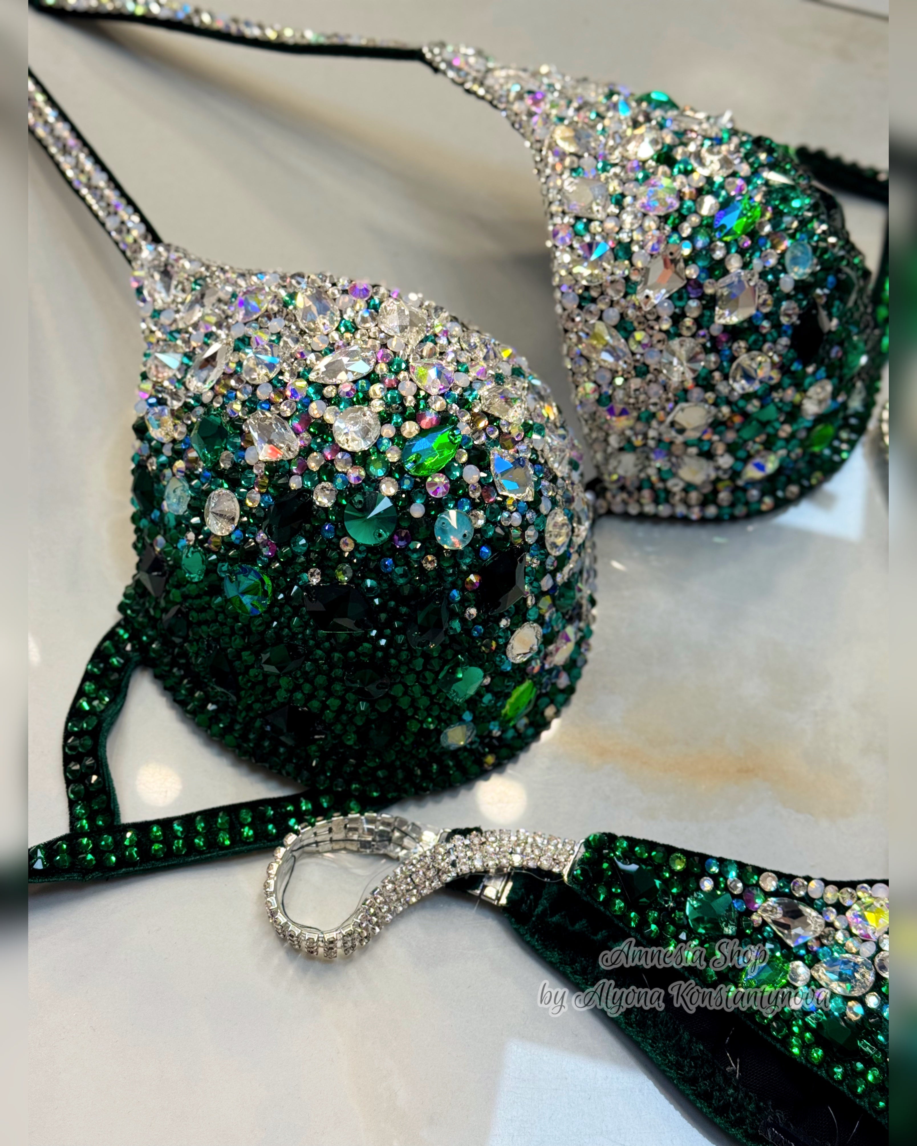 Green Bikini Set - Rhinestone Fitness - NPC - IFBB - WBFF - Wellness - Figure Competition Suit - Posing Suit - Swarovski Bodybuilding