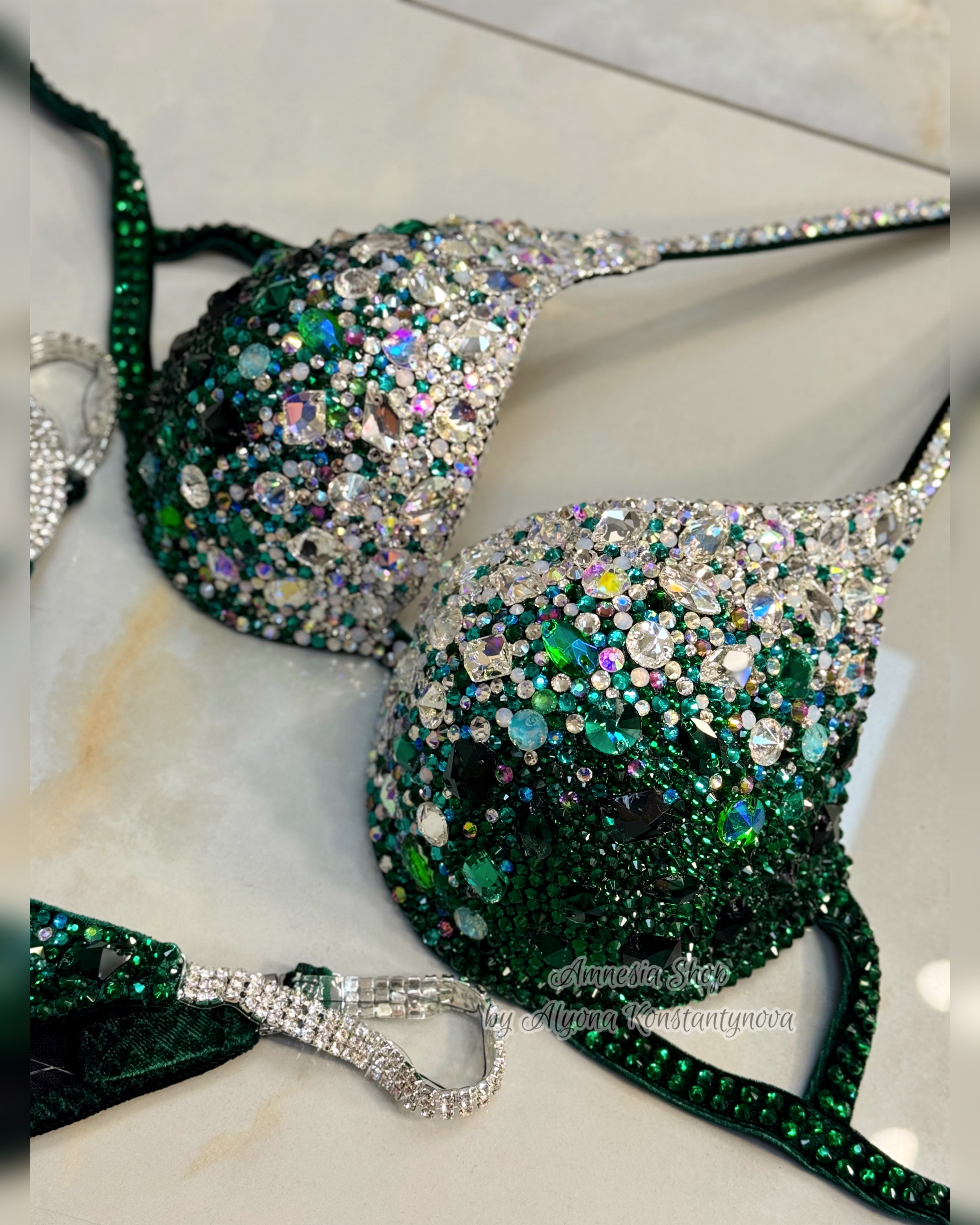 Green Bikini Set - Rhinestone Fitness - NPC - IFBB - WBFF - Wellness - Figure Competition Suit - Posing Suit - Swarovski Bodybuilding