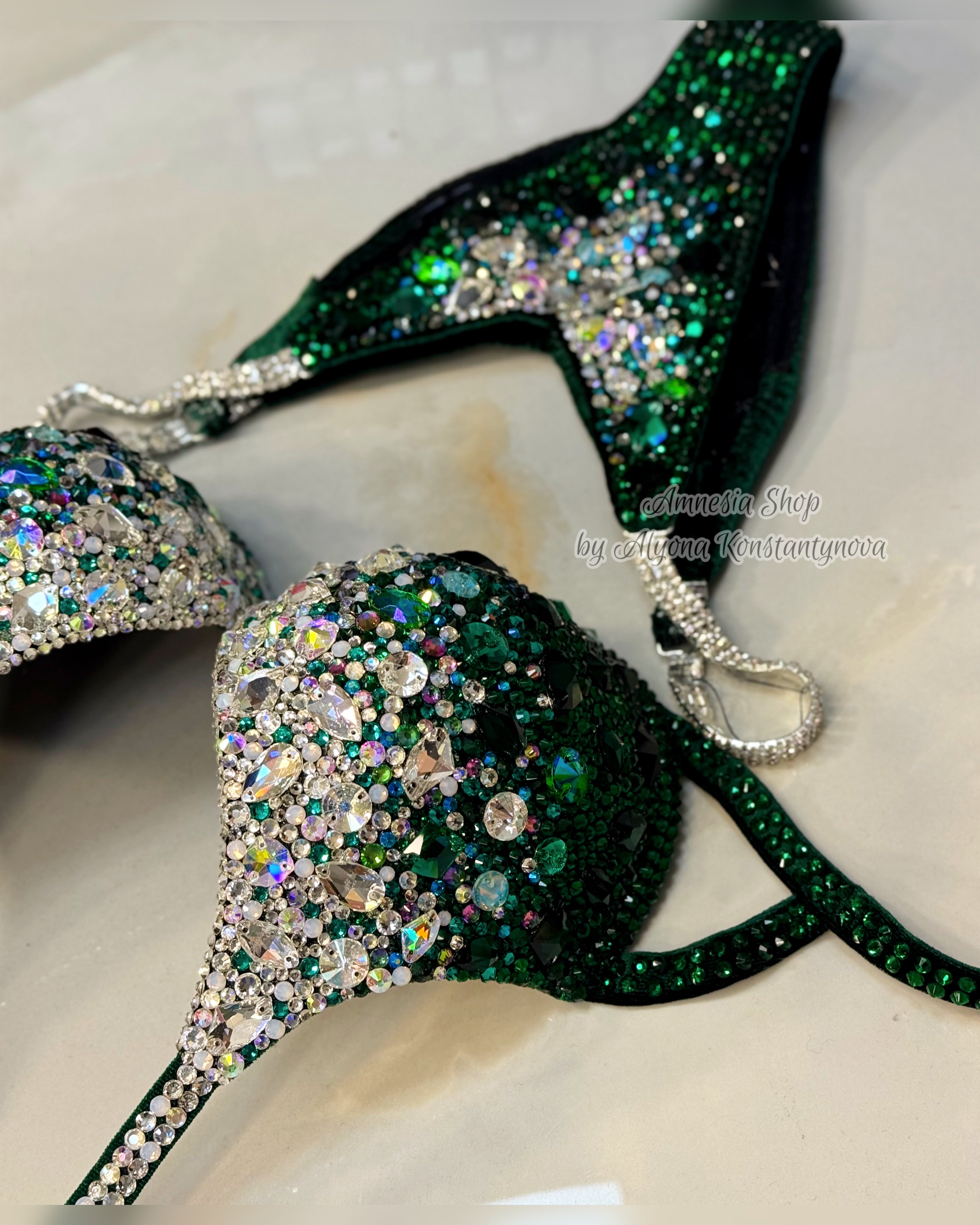 Green Bikini Set - Rhinestone Fitness - NPC - IFBB - WBFF - Wellness - Figure Competition Suit - Posing Suit - Swarovski Bodybuilding