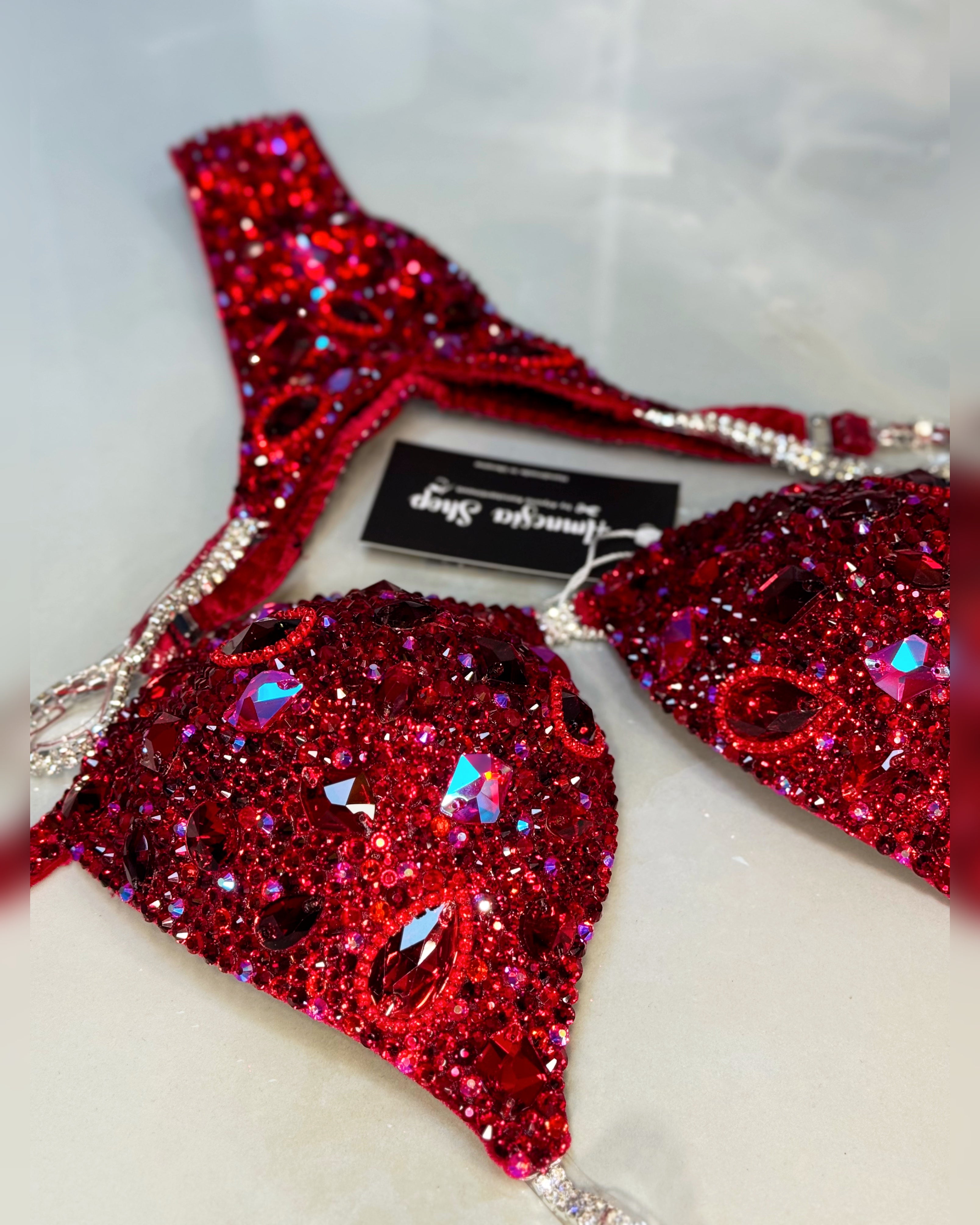 Red Bikini Set - Rhinestone Fitness - NPC - IFBB - WBFF - Wellness - Figure Competition Suit - Posing Suit - Swarovski Bodybuilding