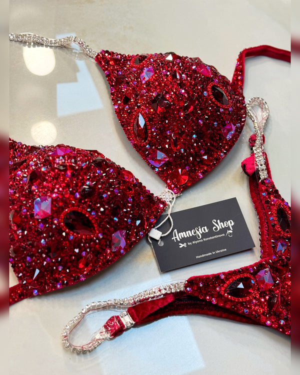 Red Bikini Set - Rhinestone Fitness - NPC - IFBB - WBFF - Wellness - Figure Competition Suit - Posing Suit - Swarovski Bodybuilding