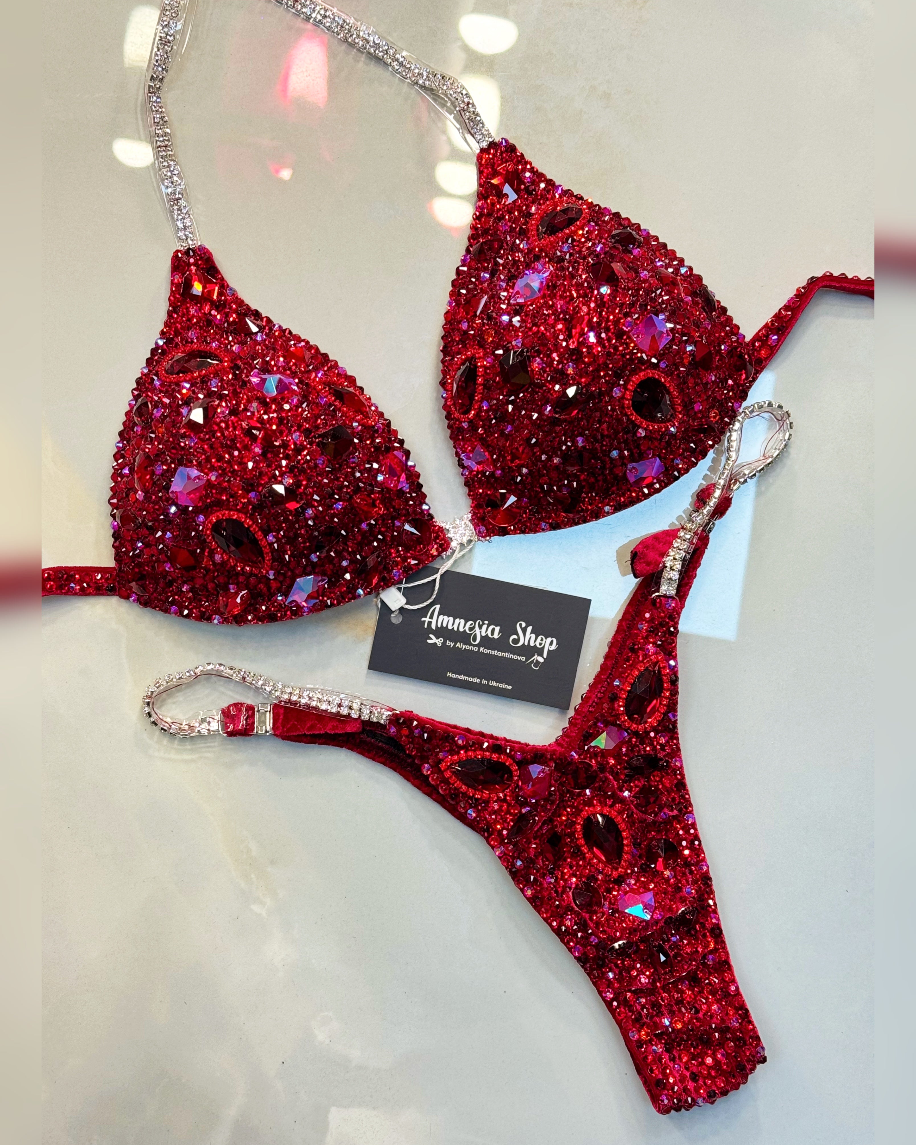 Red Bikini Set - Rhinestone Fitness - NPC - IFBB - WBFF - Wellness - Figure Competition Suit - Posing Suit - Swarovski Bodybuilding