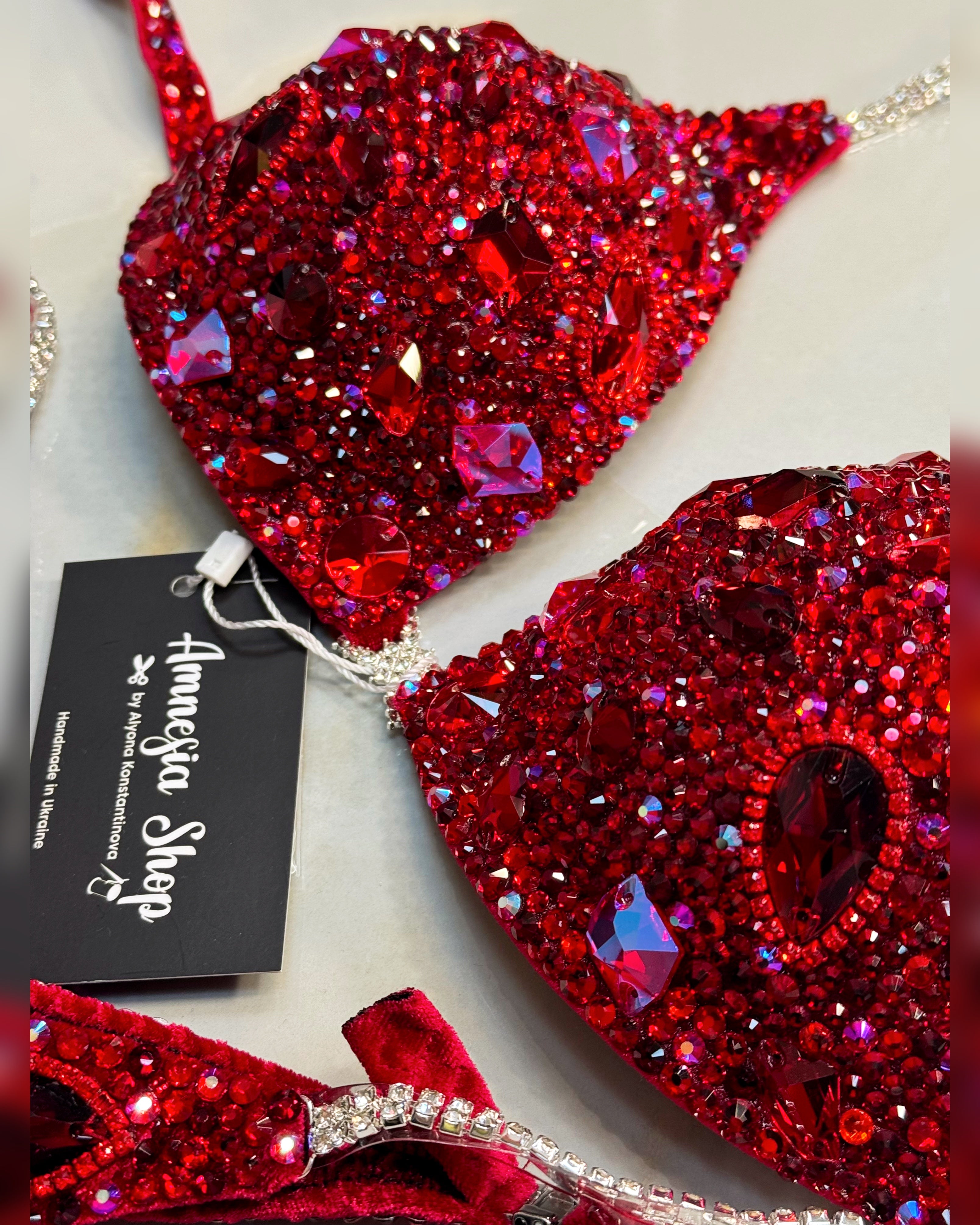 Red Bikini Set - Rhinestone Fitness - NPC - IFBB - WBFF - Wellness - Figure Competition Suit - Posing Suit - Swarovski Bodybuilding