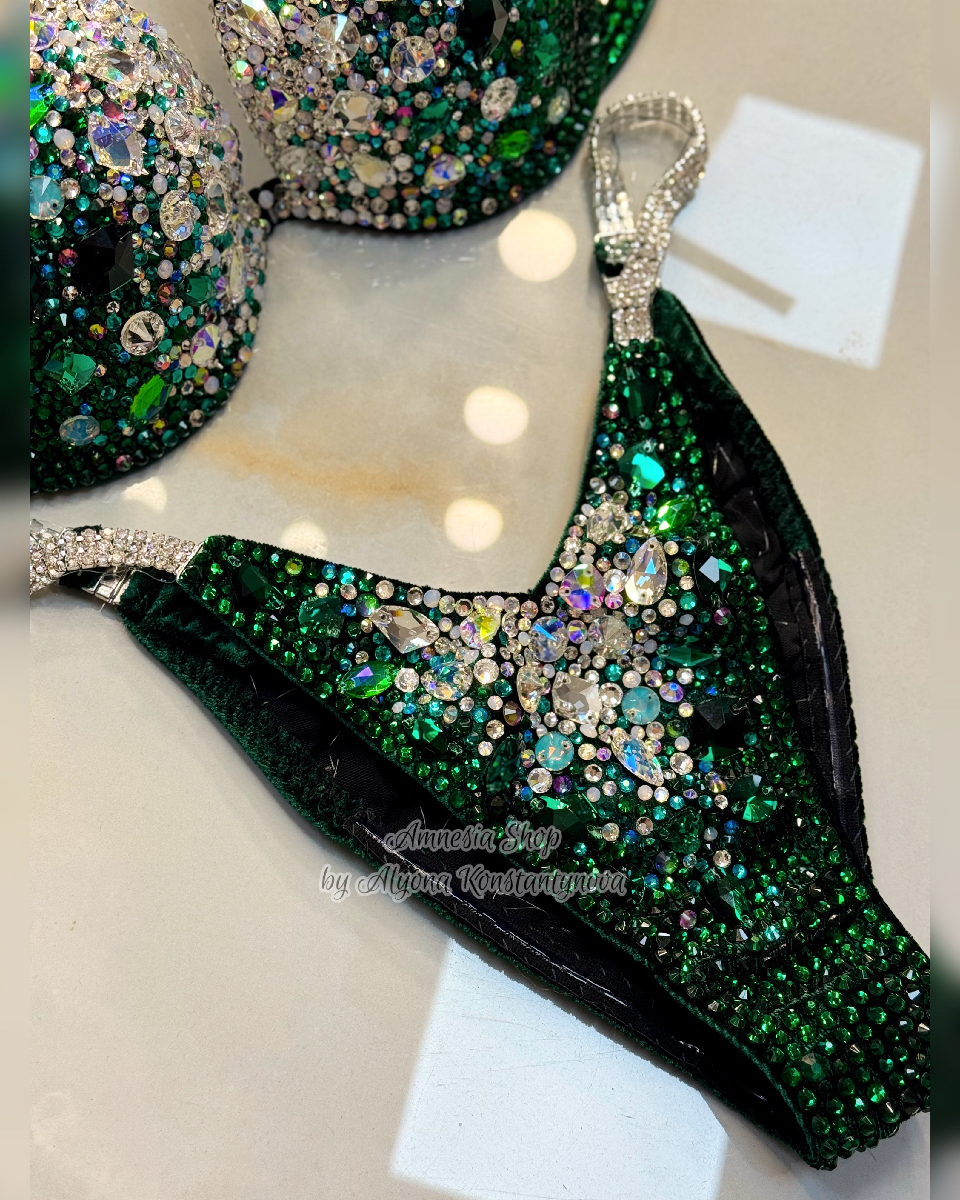 Green Bikini Set - Rhinestone Fitness - NPC - IFBB - WBFF - Wellness - Figure Competition Suit - Posing Suit - Swarovski Bodybuilding