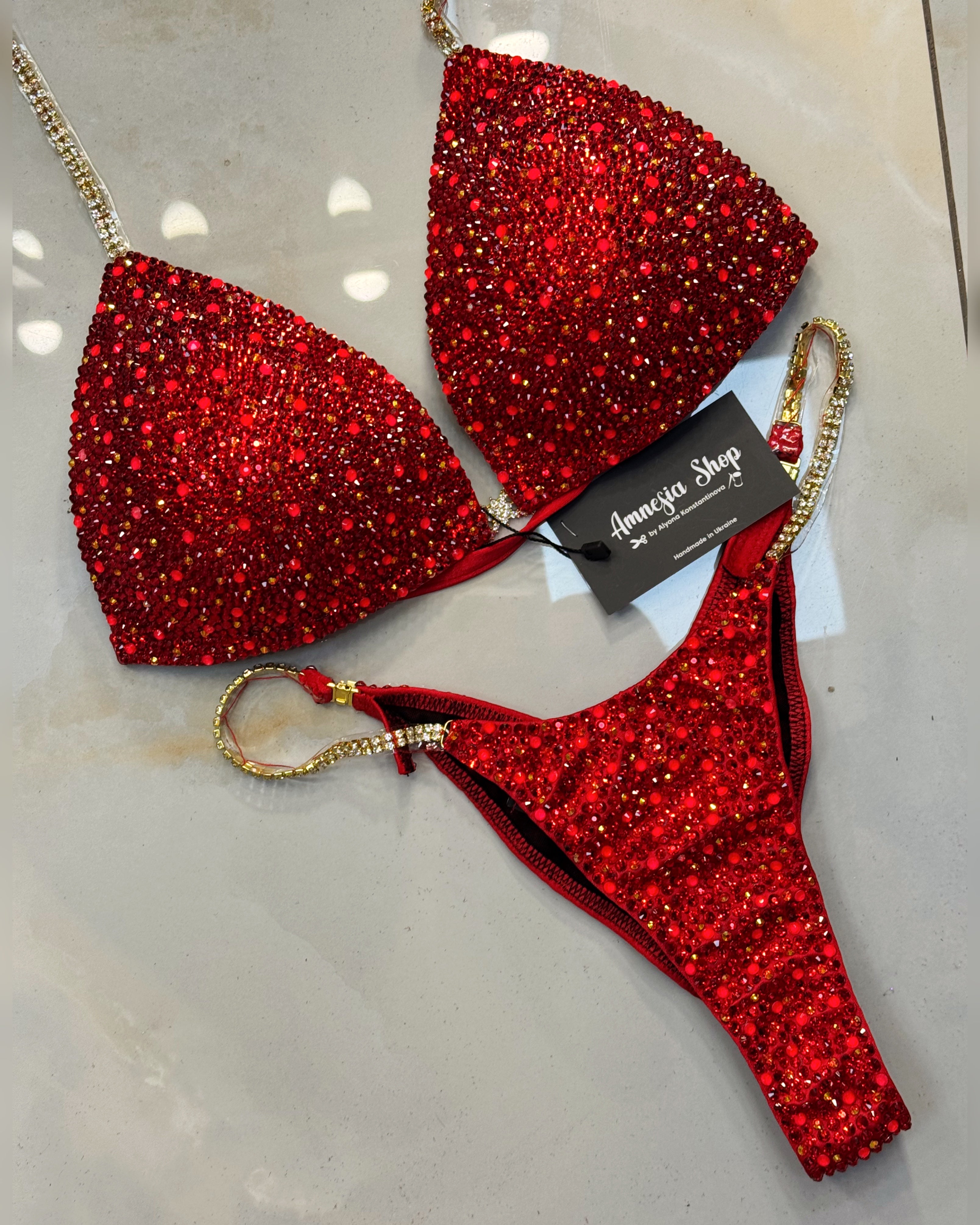 Red Neon Competition Bikini Set - Rhinestone Fitness - NPC - IFBB - WBFF - Figure Competition Suit - Posing Suit - Swarosvki Bodybuilding