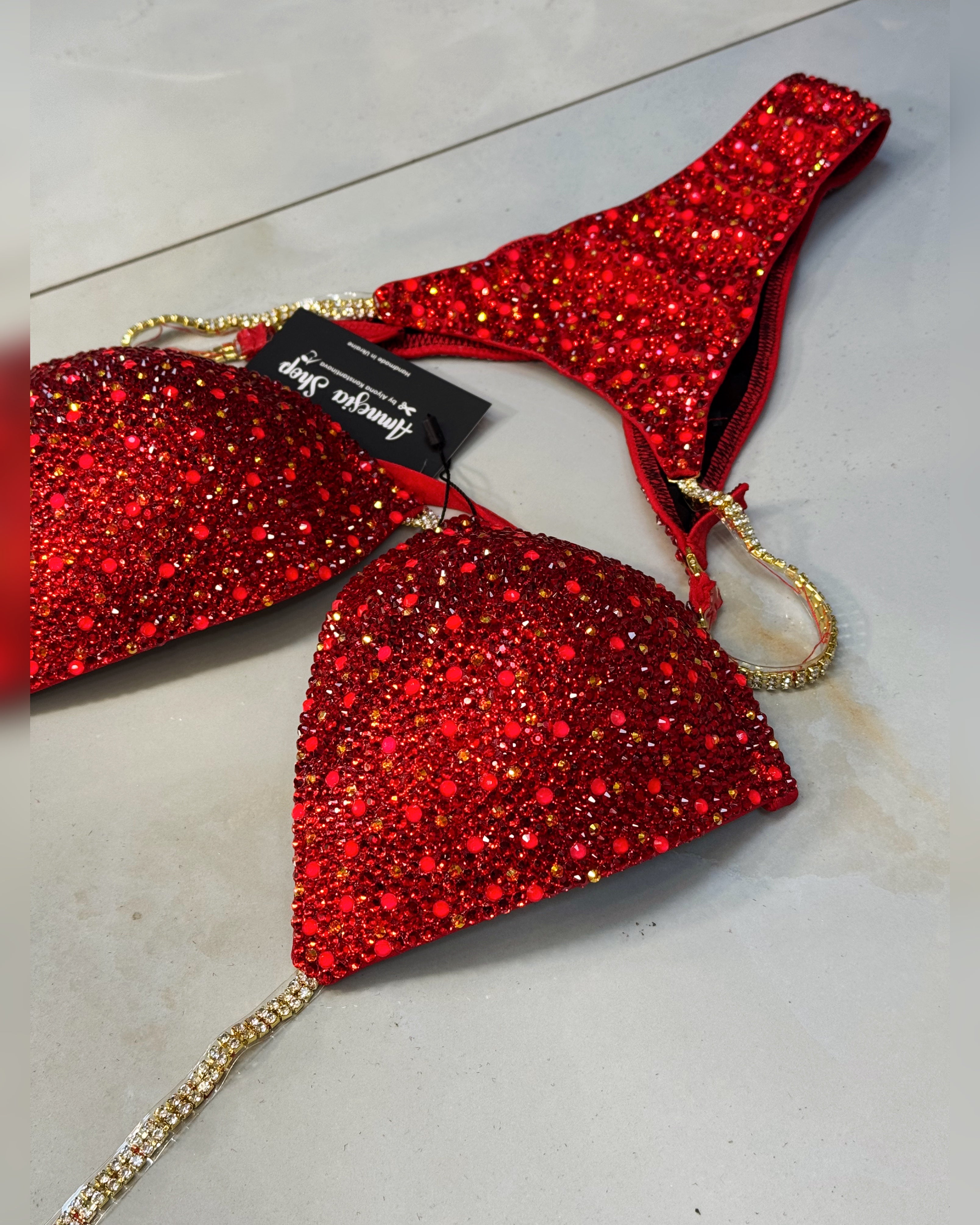 Red Neon Competition Bikini Set - Rhinestone Fitness - NPC - IFBB - WBFF - Figure Competition Suit - Posing Suit - Swarosvki Bodybuilding
