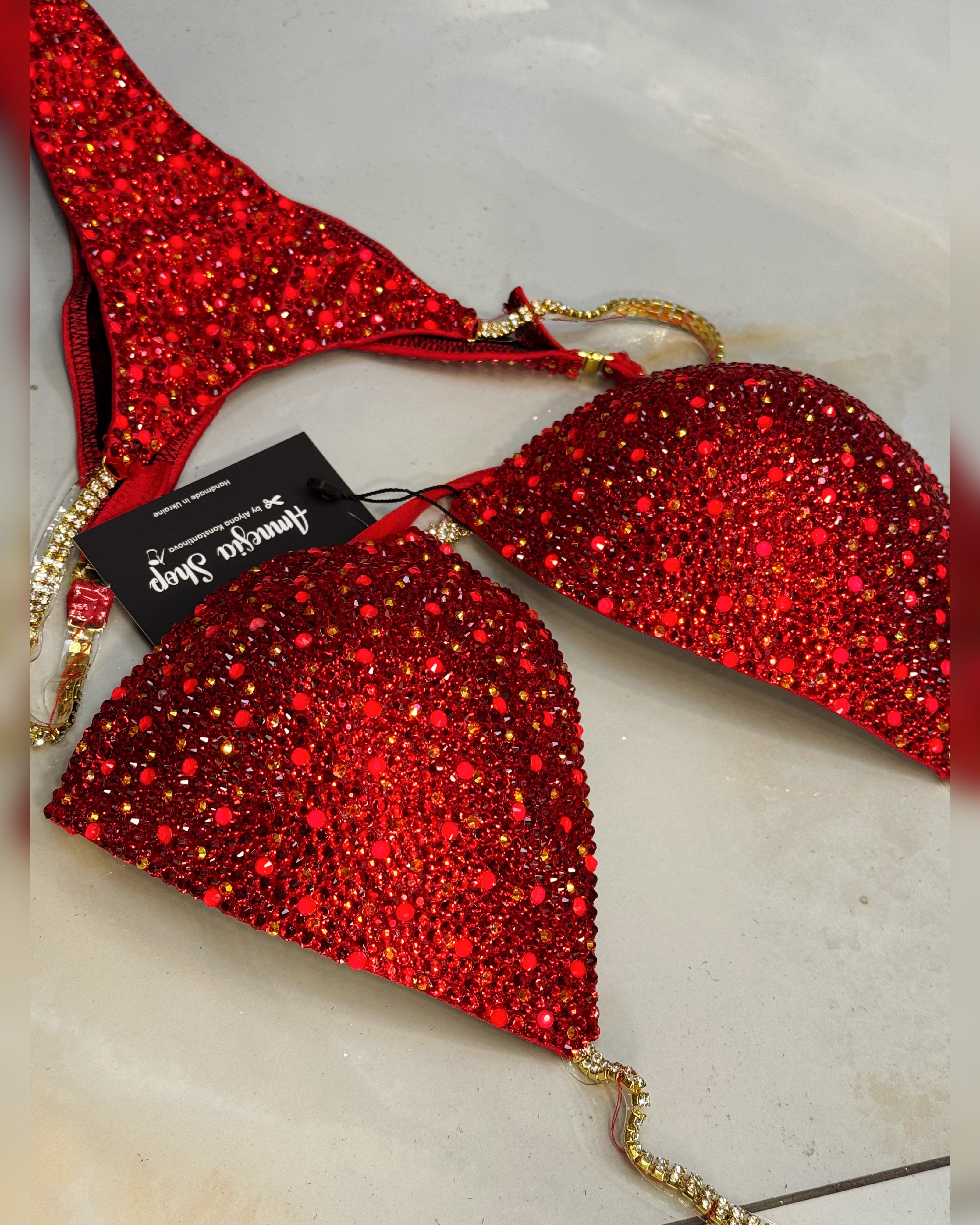 Red Neon Competition Bikini Set - Rhinestone Fitness - NPC - IFBB - WBFF - Figure Competition Suit - Posing Suit - Swarosvki Bodybuilding