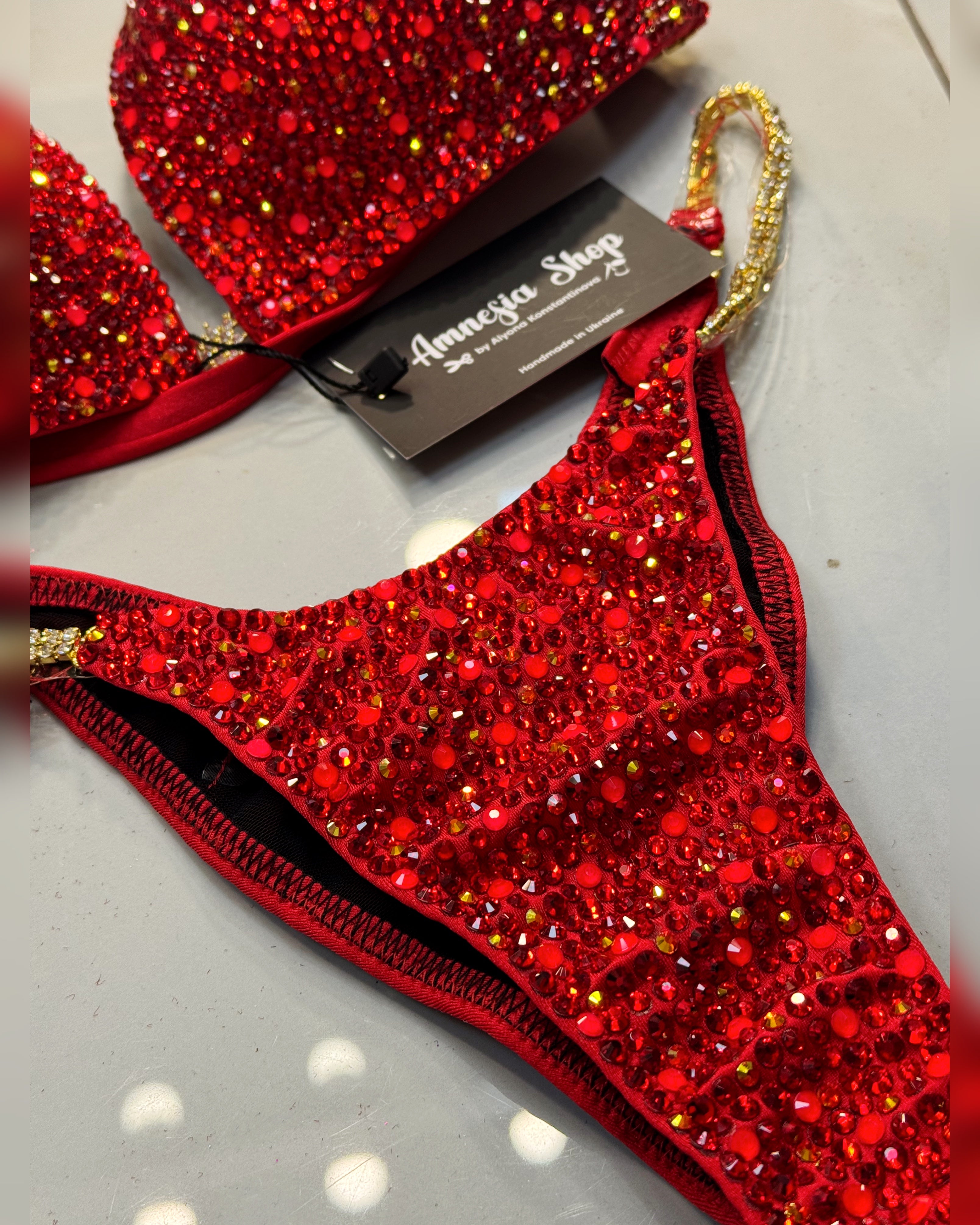 Red Neon Competition Bikini Set - Rhinestone Fitness - NPC - IFBB - WBFF - Figure Competition Suit - Posing Suit - Swarosvki Bodybuilding