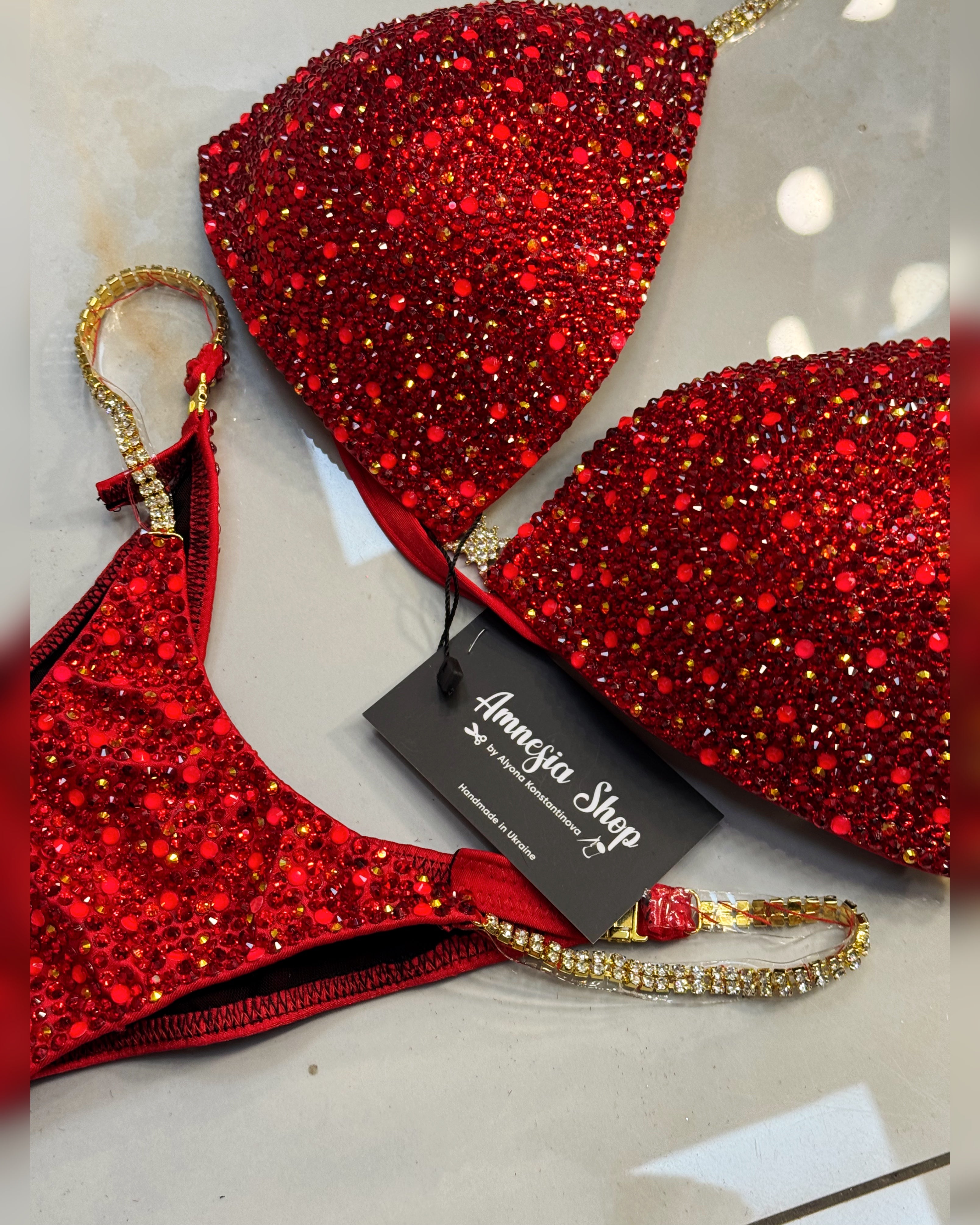 Red Neon Competition Bikini Set - Rhinestone Fitness - NPC - IFBB - WBFF - Figure Competition Suit - Posing Suit - Swarosvki Bodybuilding