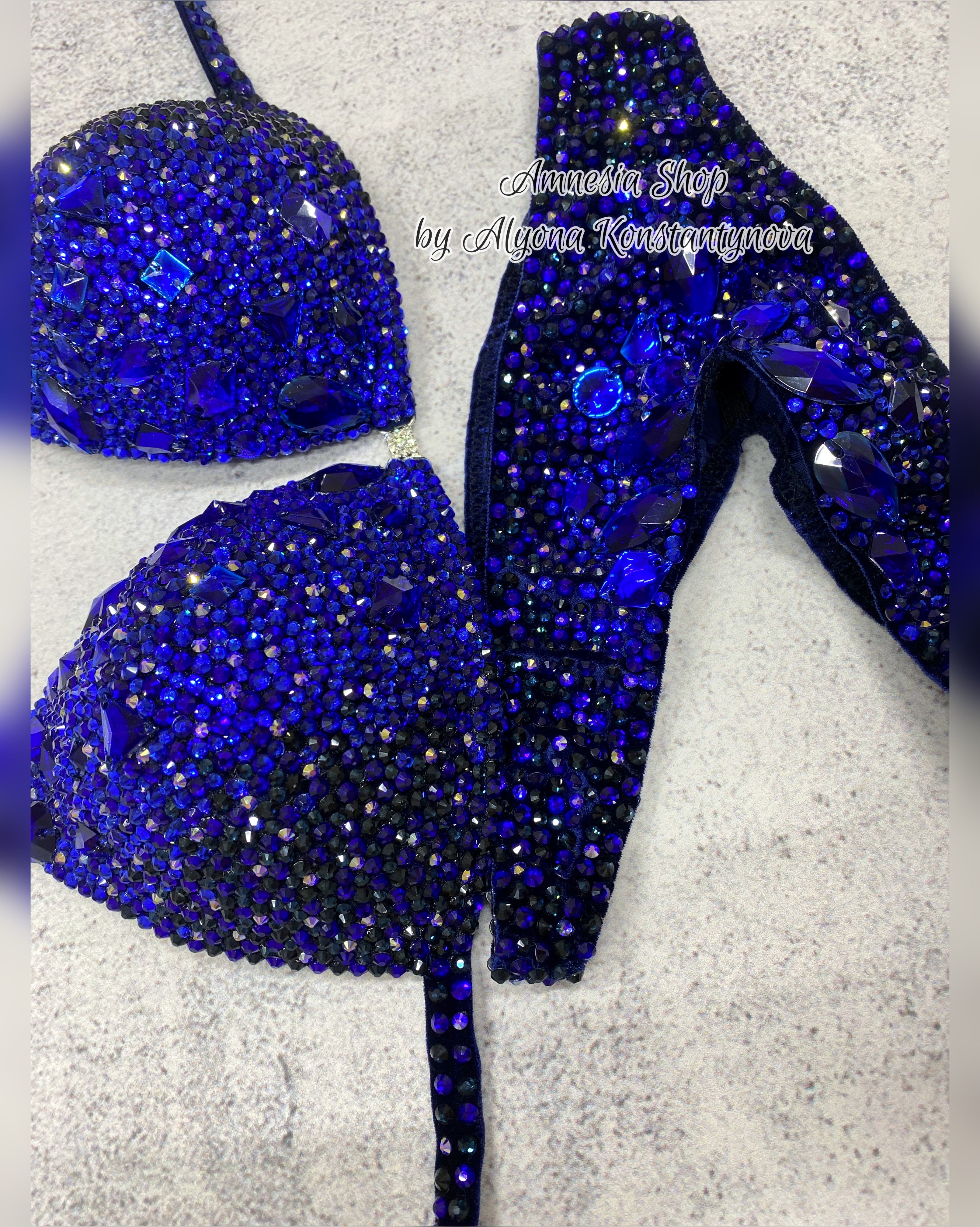 (Copy) Blue Finess Bikini - Competition Bikini Set - Figure Fitness - NPC - IFBB - Velvet Figure Competition Suit - Posing Suit