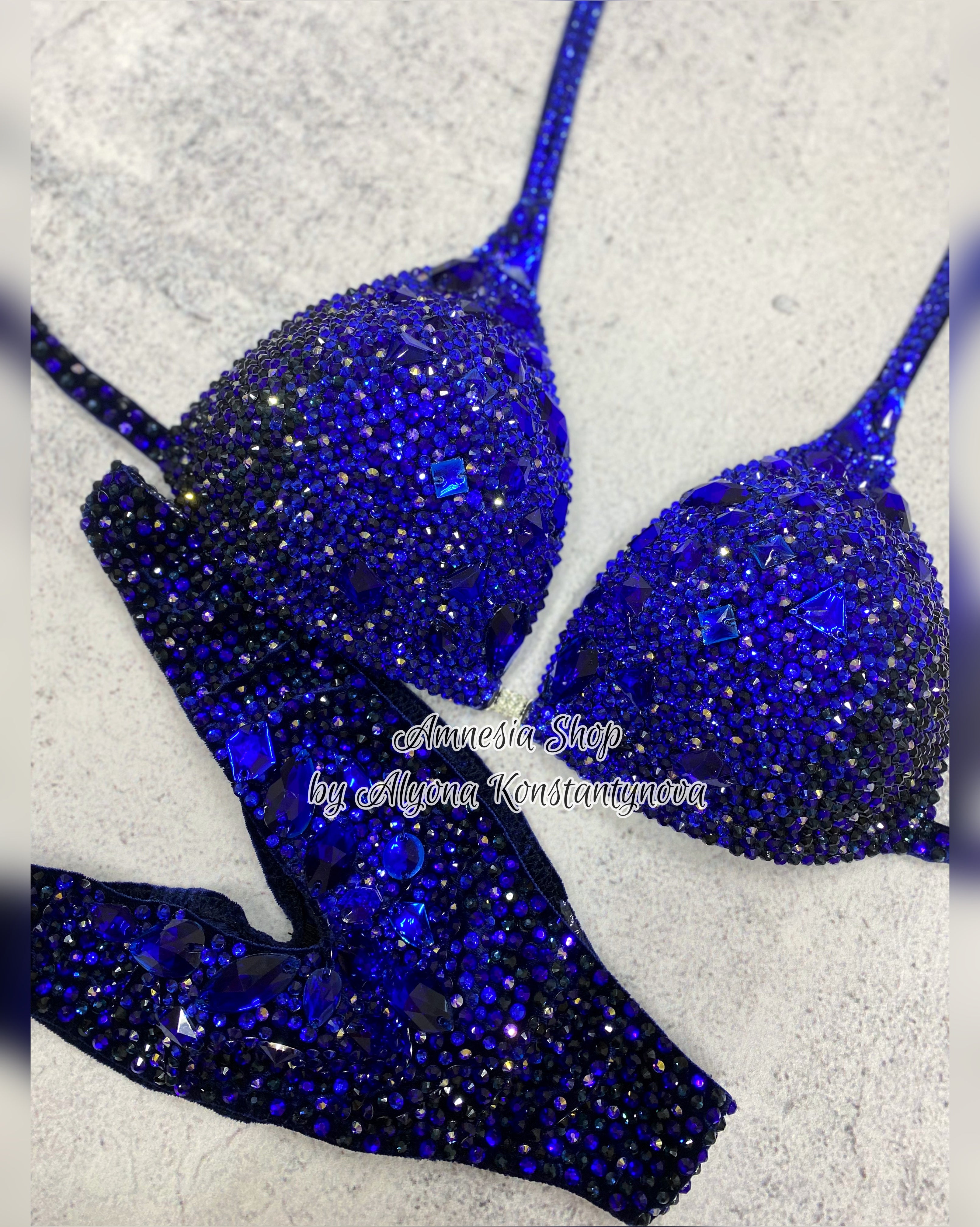 (Copy) Blue Finess Bikini - Competition Bikini Set - Figure Fitness - NPC - IFBB - Velvet Figure Competition Suit - Posing Suit