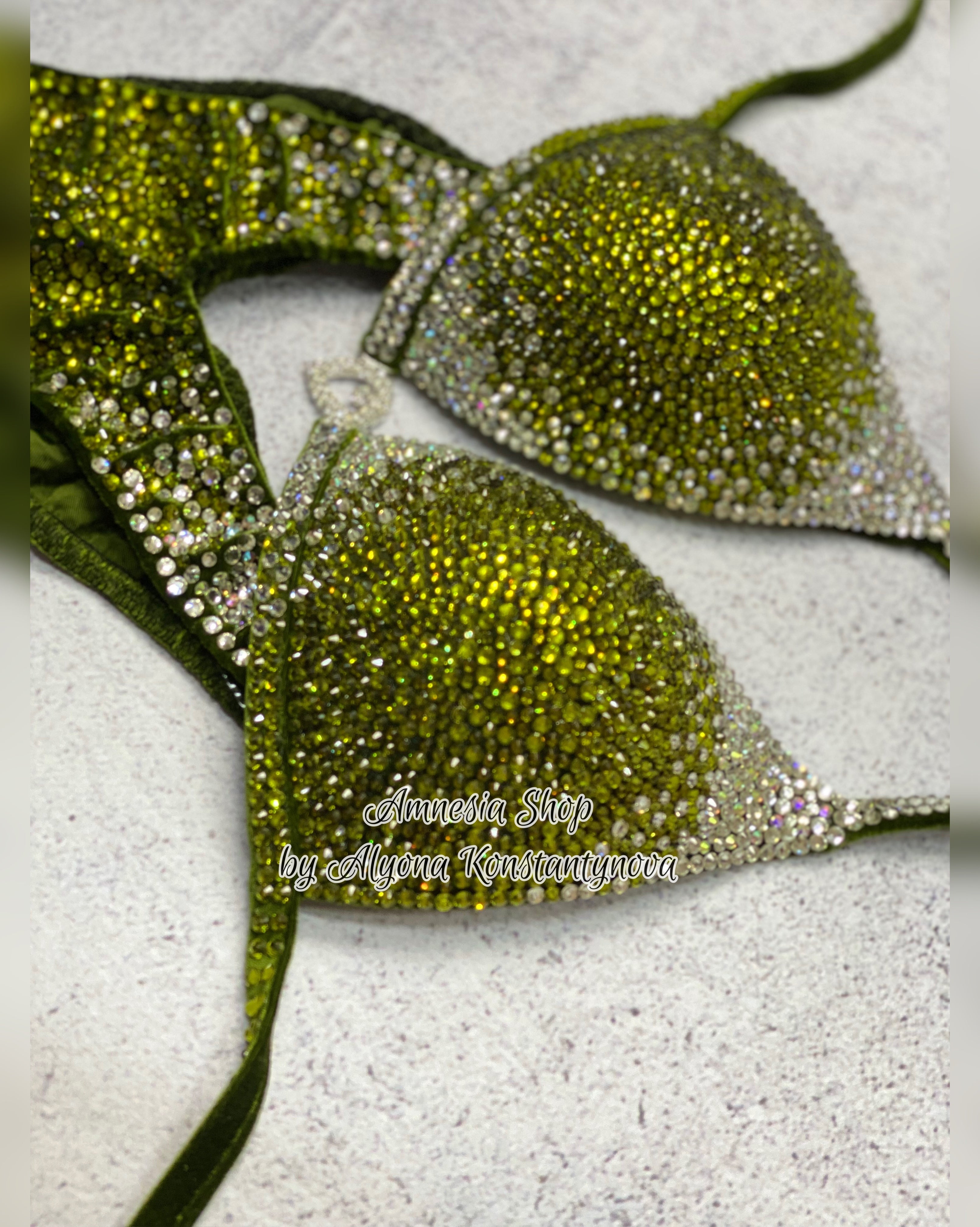 (Copy) Olive  Silver Fitness Bikini - Competition Bikini Set - Figure Fitness - NPC - IFBB - Velvet Figure Competition Suit - Posing Suit - Wellness Bikini