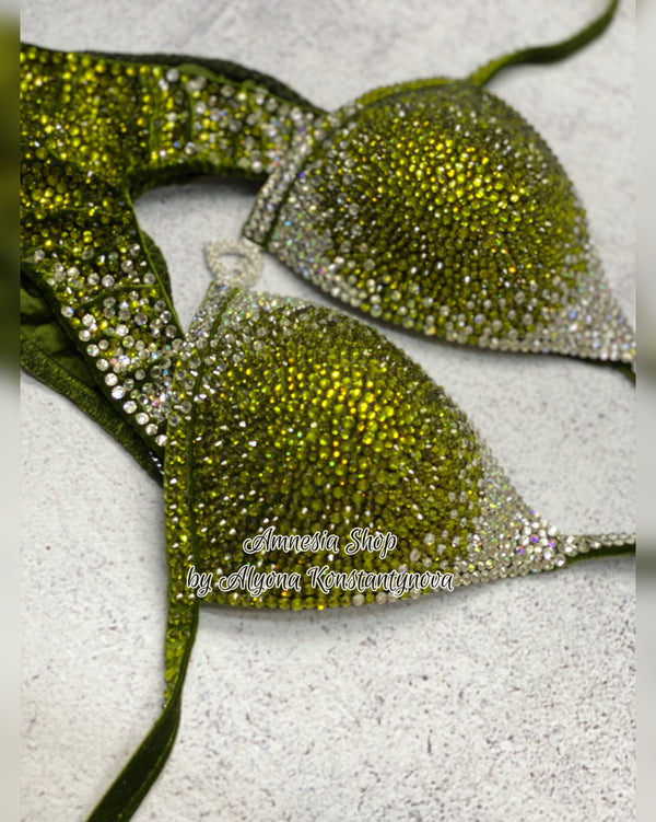 (Copy) Olive  Silver Fitness Bikini - Competition Bikini Set - Figure Fitness - NPC - IFBB - Velvet Figure Competition Suit - Posing Suit - Wellness Bikini