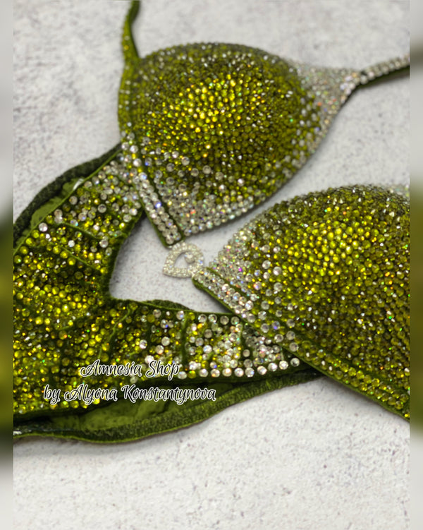 (Copy) Olive  Silver Fitness Bikini - Competition Bikini Set - Figure Fitness - NPC - IFBB - Velvet Figure Competition Suit - Posing Suit - Wellness Bikini