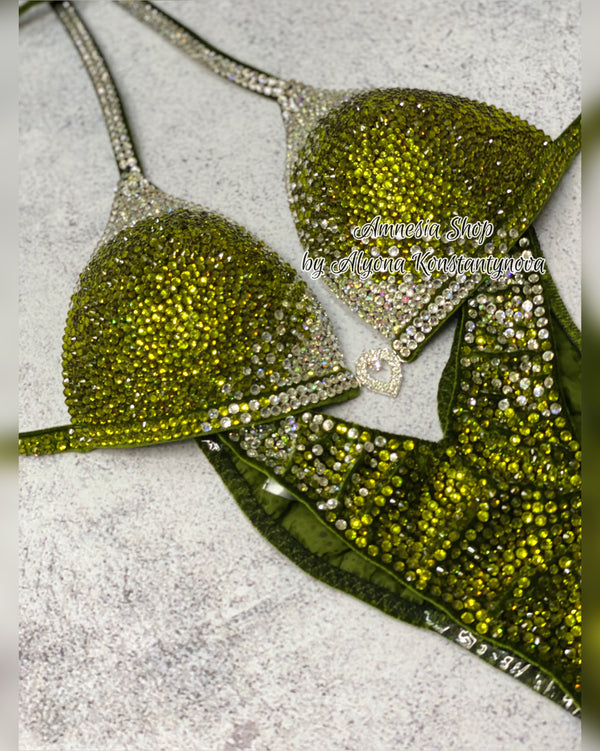 (Copy) Olive  Silver Fitness Bikini - Competition Bikini Set - Figure Fitness - NPC - IFBB - Velvet Figure Competition Suit - Posing Suit - Wellness Bikini