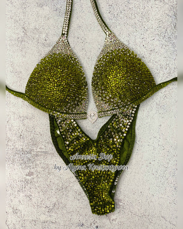 (Copy) Olive  Silver Fitness Bikini - Competition Bikini Set - Figure Fitness - NPC - IFBB - Velvet Figure Competition Suit - Posing Suit - Wellness Bikini