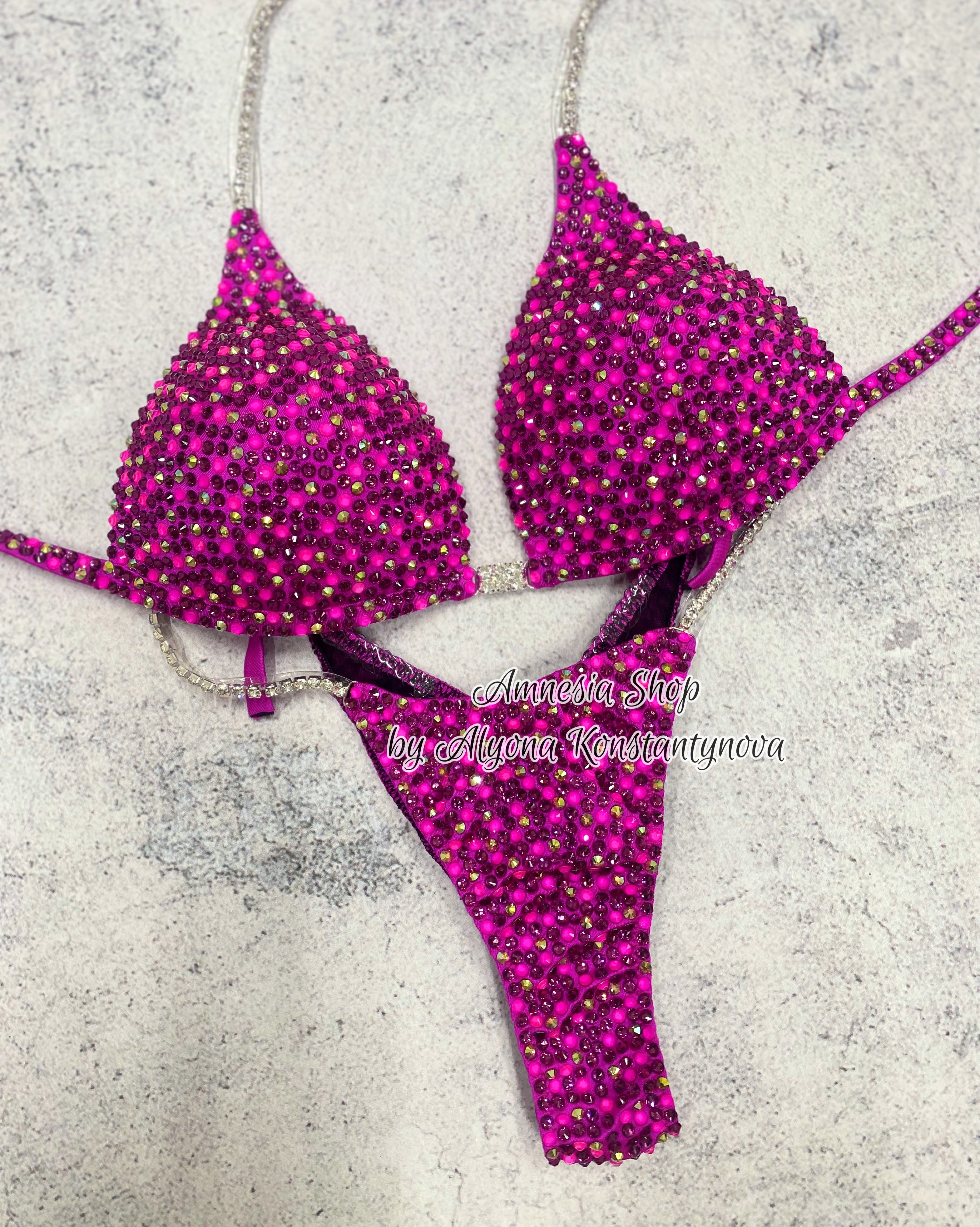 Pink Neon Competition Bikini Set - Rhinestone Fitness - NPC - IFBB - WBFF - Figure Competition Suit - Posing Suit - Swarosvki Bodybuilding