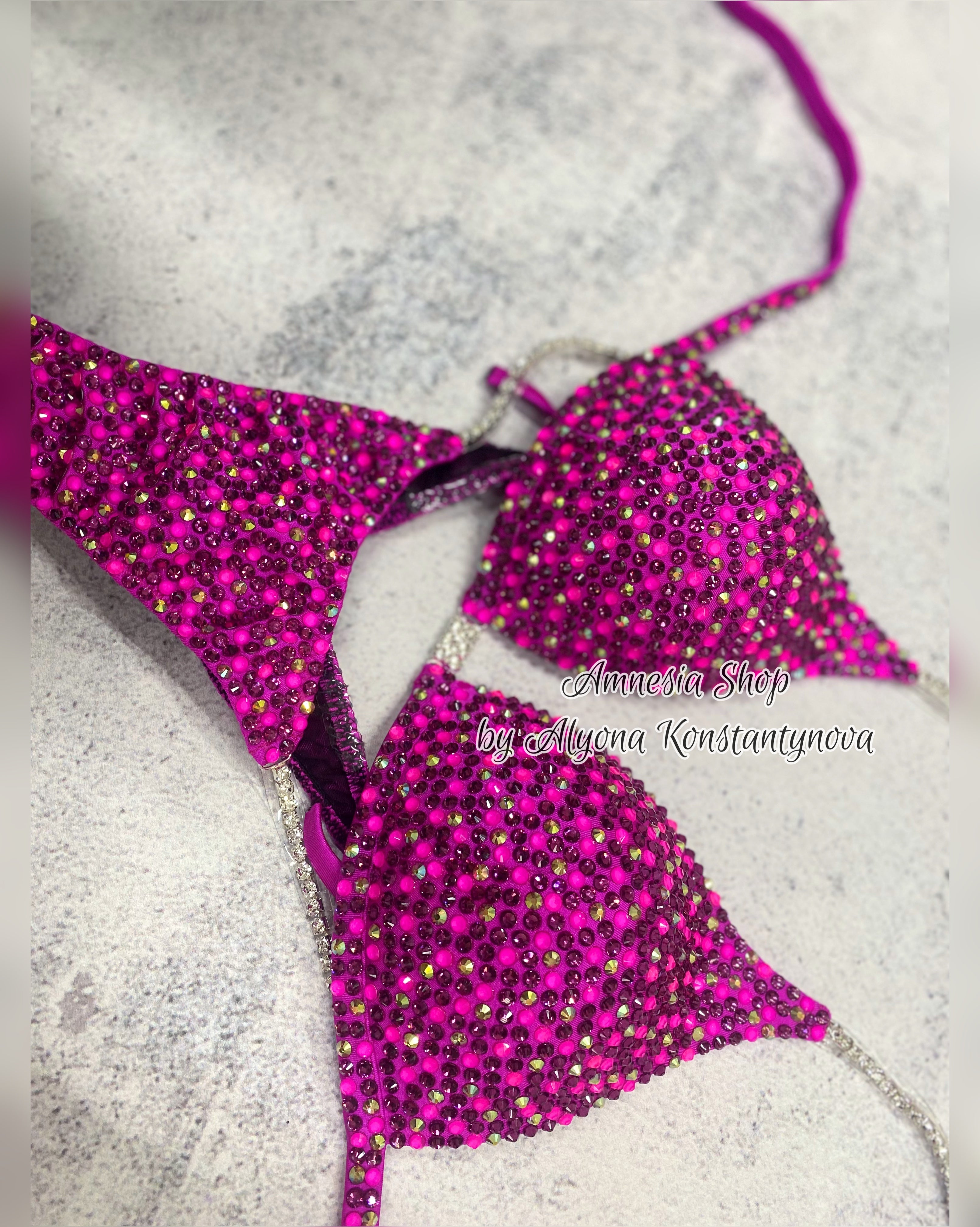 Pink Neon Competition Bikini Set - Rhinestone Fitness - NPC - IFBB - WBFF - Figure Competition Suit - Posing Suit - Swarosvki Bodybuilding