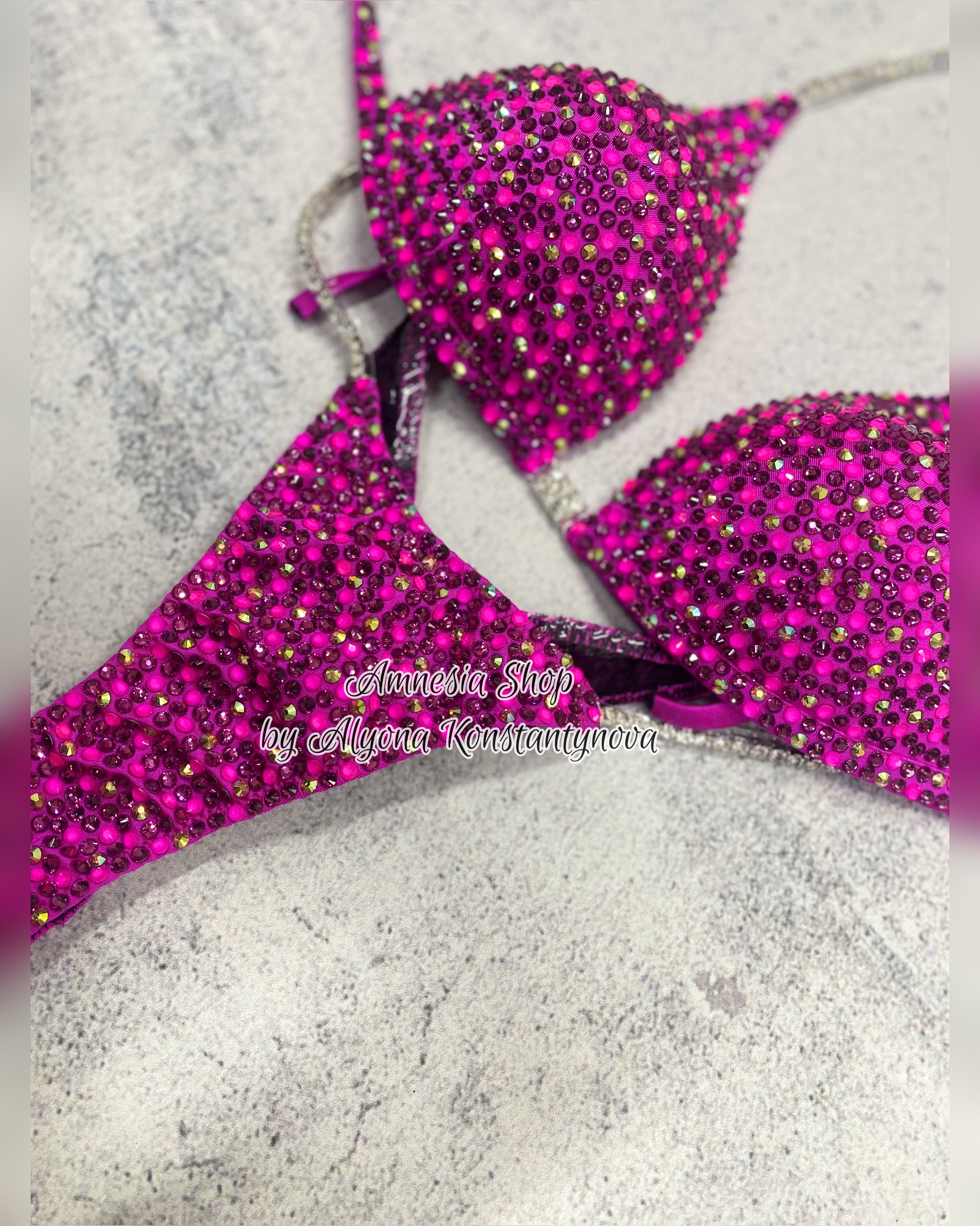 Pink Neon Competition Bikini Set - Rhinestone Fitness - NPC - IFBB - WBFF - Figure Competition Suit - Posing Suit - Swarosvki Bodybuilding